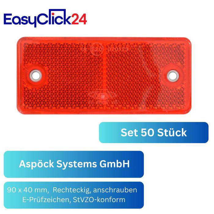 Roter rechteckiger Reflektor mit zwei Schraubenlöchern, beschriftet mit „Set 50 Stück
