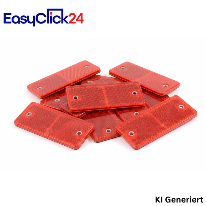 Stapel roter rechteckiger reflektierender Straßenmarkierungen mit vier Ecklöchern, gezeigt auf weißem Hintergrund mit EasyClick24-Logo und „KI Generiert"-Text.