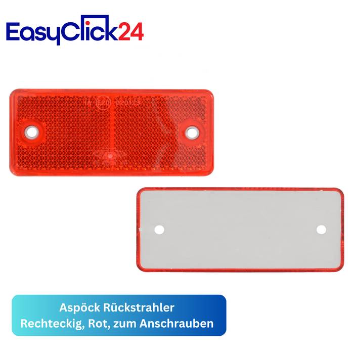 Roter rechteckiger Rückstrahler mit zwei Schraublöchern, von vorne und hinten dargestellt, beschriftet mit „Aspöck Rückstrahler Rechteckig, Rot, zum Anschrauben".
