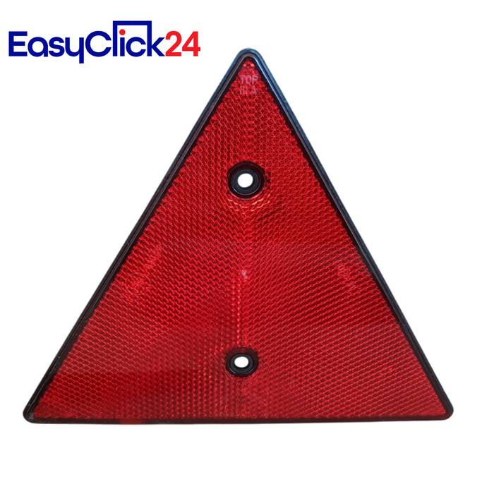 Rotes dreieckiges reflektierendes Warnschild mit zwei Befestigungslöchern, dargestellt auf weißem Hintergrund mit EasyClick24-Branding.