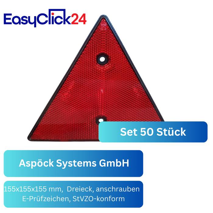 Rotes dreieckiges Warnreflektoren-Set mit zwei Befestigungslöchern; EasyClick24-Produktangebot mit der Bezeichnung „Set 50 Stück" und „Aspöck Systems GmbH"", 155x155x155 mm, Stativ, aufschraubbar, E-gekennzeichnet, StVZO-konform.