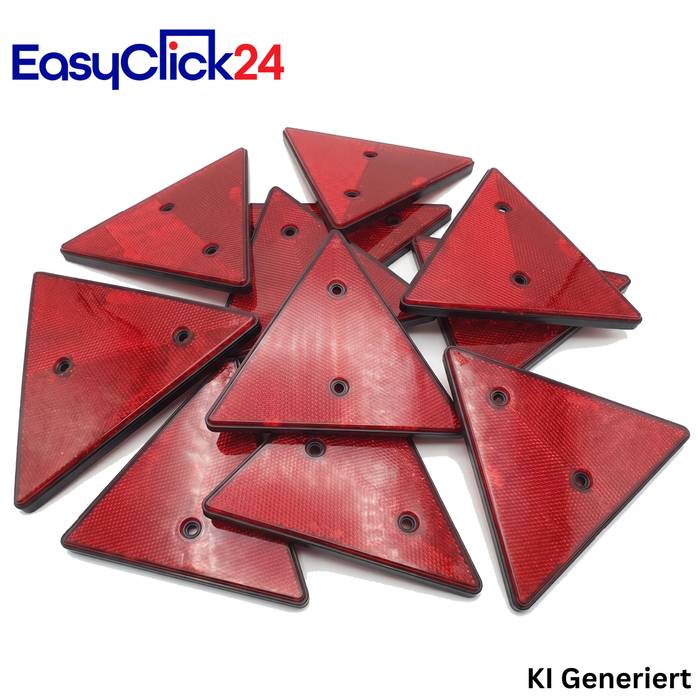 Stapel von roten dreieckigen reflektierenden Straßenmarkierungen mit schwarzen Kanten und Montagelöchern auf weißem Hintergrund, mit der Marke "EasyClick24"".