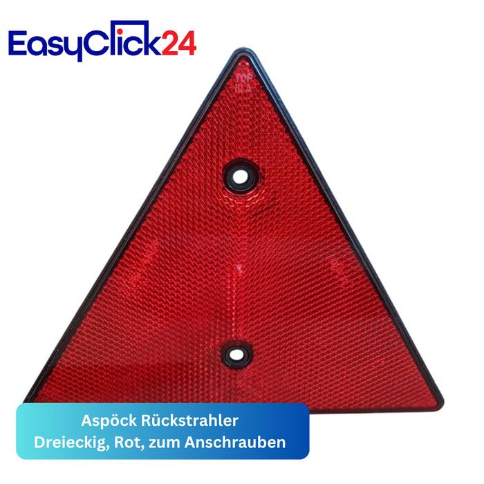 Roter dreieckiger Rückstrahler mit zwei Montagelöchern, gezeigt für EasyClick24, beschriftet mit „Aspöck Rückstrahler Dreieckig, Rot, zum Anschrauben".
