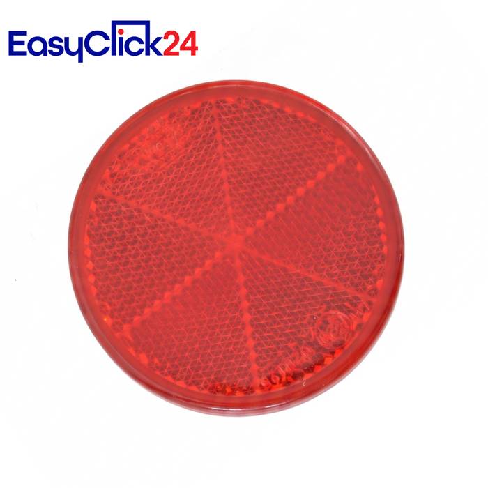 Roter runder Reflektor oder Rücklicht mit strukturierter Oberfläche auf weißem Hintergrund, mit der Marke „EasyClick24