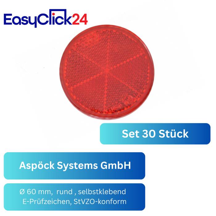 Produktbild eines roten runden selbstklebenden Reflektors mit der Bezeichnung „Set 30 Stück" und „Aspöck Systems GmbH"", mit dem Text „Ø 60 mm, rund, selbstklebend, E-Prüfzeichen, StVZO-konform"".