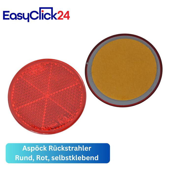 Produktabbildung eines runden roten selbstklebenden Rückstrahlers, von vorne und hinten gezeigt, mit der Bezeichnung 'Aspöck Rückstrahler Rund, Rot, selbstklebend' und EasyClick24-Branding.