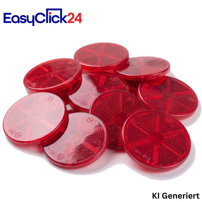 Stapel roter runder reflektierender Scheiben, wahrscheinlich Fahrradreflektoren, auf weißem Hintergrund mit EasyClick24-Branding.