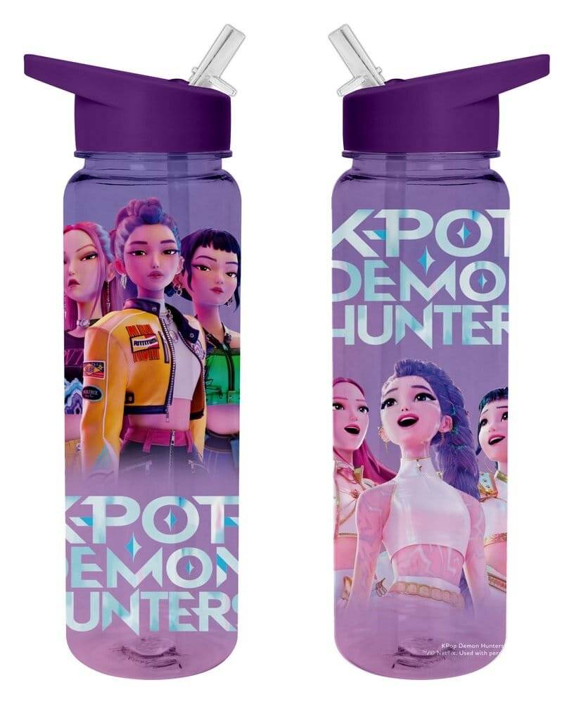 Zwei violette K-Pop Demon Hunters Wasserflaschen mit Klappstrohhalmen, mit animierten Charakterillustrationen und großem 