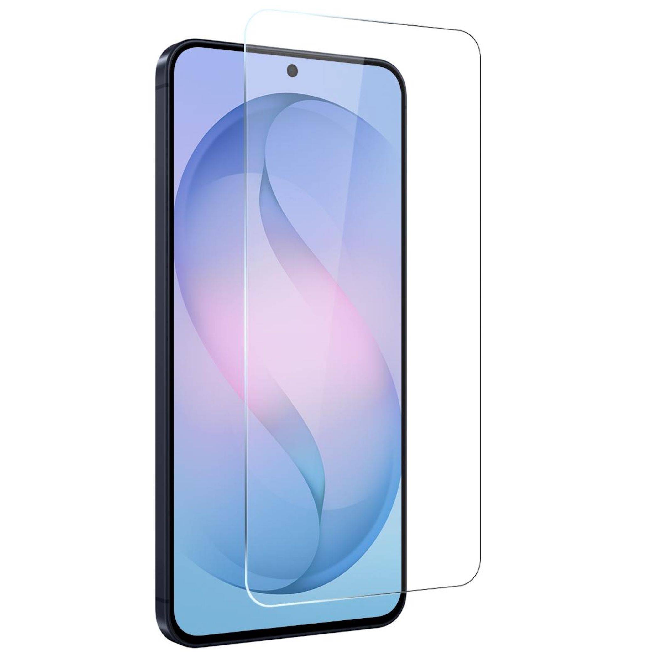 Ein Smartphone mit einem klaren Schutzfolienaufkleber, der über dem Display ausgerichtet ist.