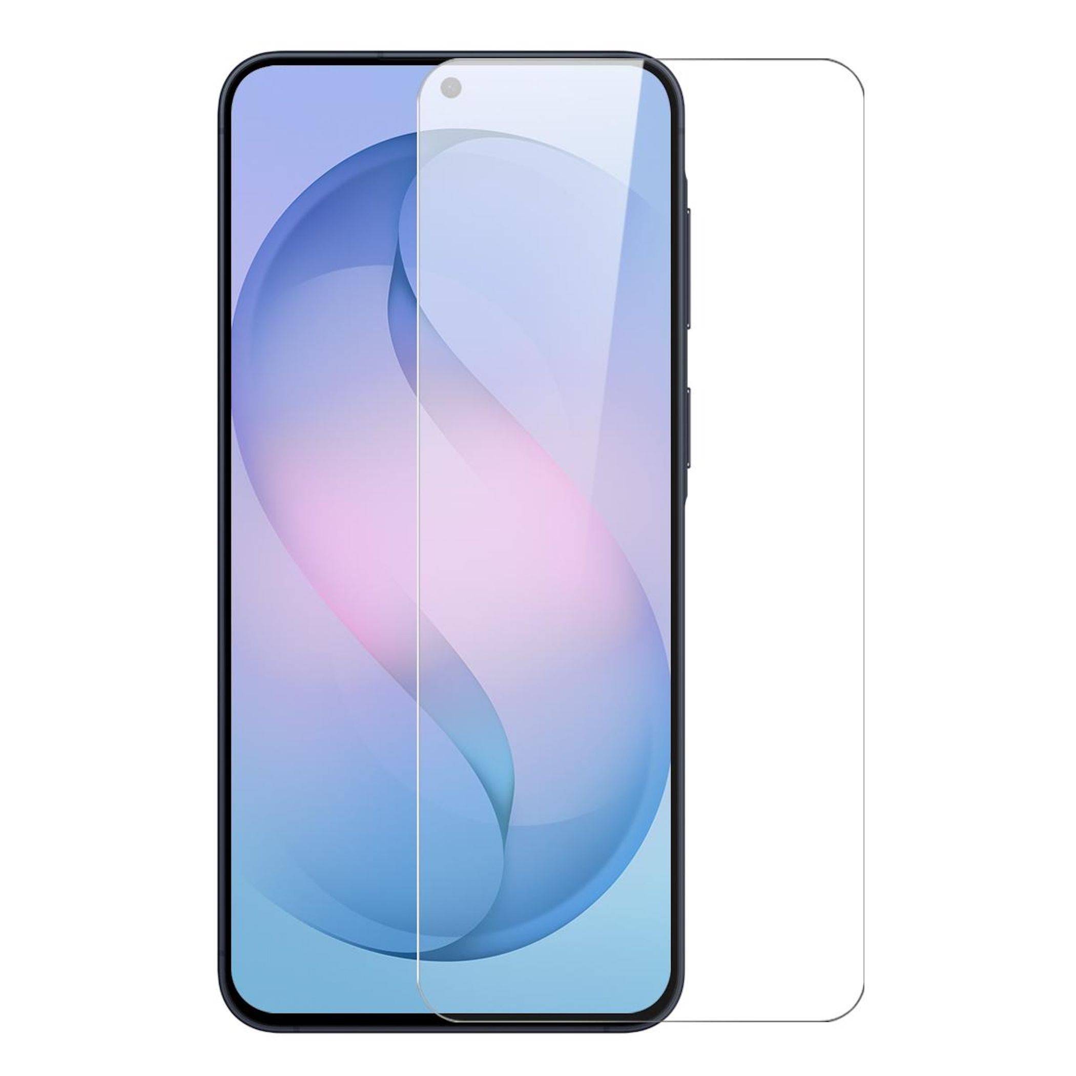 Smartphone, frontal dargestellt, mit einer klaren Displayschutzfolie, die über dem Display ausgerichtet ist, auf weißem Hintergrund.