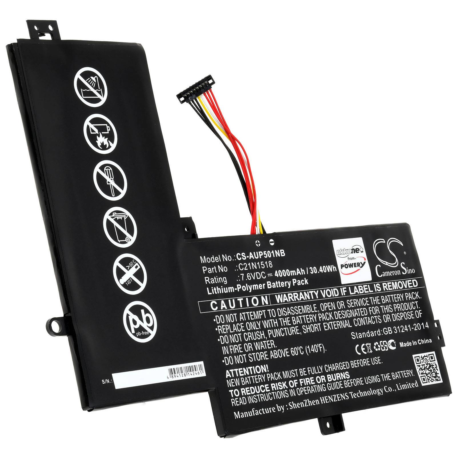 Schwarzes Lithium-Polymer-Akkupack mit angebrachtem mehrfarbigem Stecker und gedruckten Sicherheitsanweisungen auf dem Etikett.