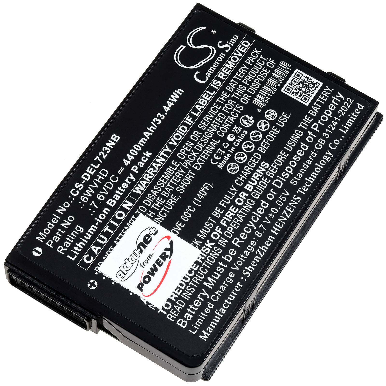 Schwarzes wiederaufladbares Lithium-Ionen-Akkupack mit gedruckten Sicherheitswarnungen, Modelldetails und einem QR-Code, gezeigt auf weißem Hintergrund.