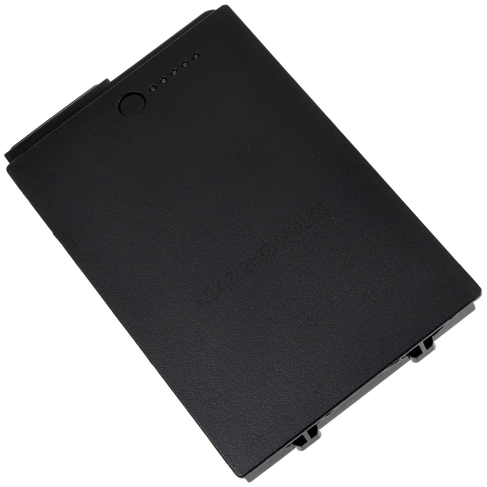 Schwarzes Laptop-Akku-Pack diagonal auf weißem Hintergrund dargestellt, mit einem Netzschalter und LED-Ladeanzeigen in der Nähe der Oberseite.