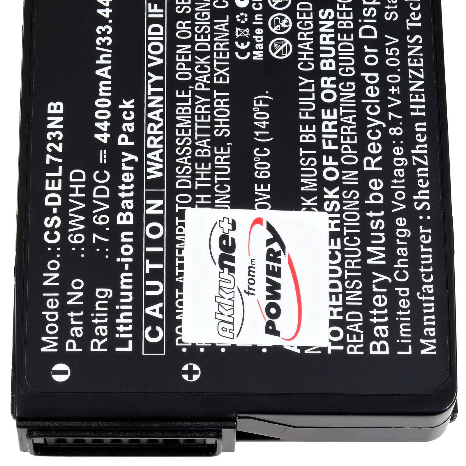 Nahaufnahme eines Lithium-Ionen-Akkupack-Etiketts mit Modell CS-DFL723NB, 7,6VDC, 4400mAh/33,44Wh, mit Sicherheitswarnungen und Akkupower-Branding.