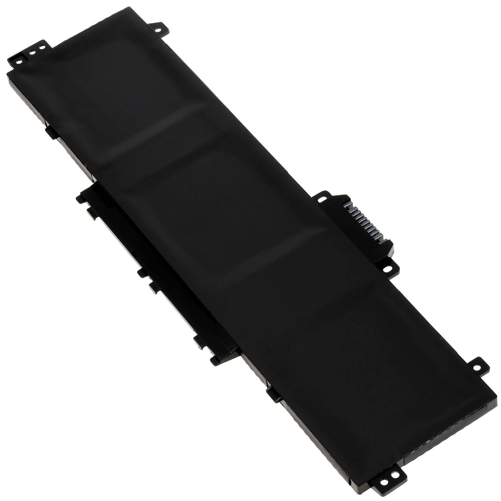 Schwarzes rechteckiges Laptop-Akku-Pack mit Montagelaschen auf weißem Hintergrund.
