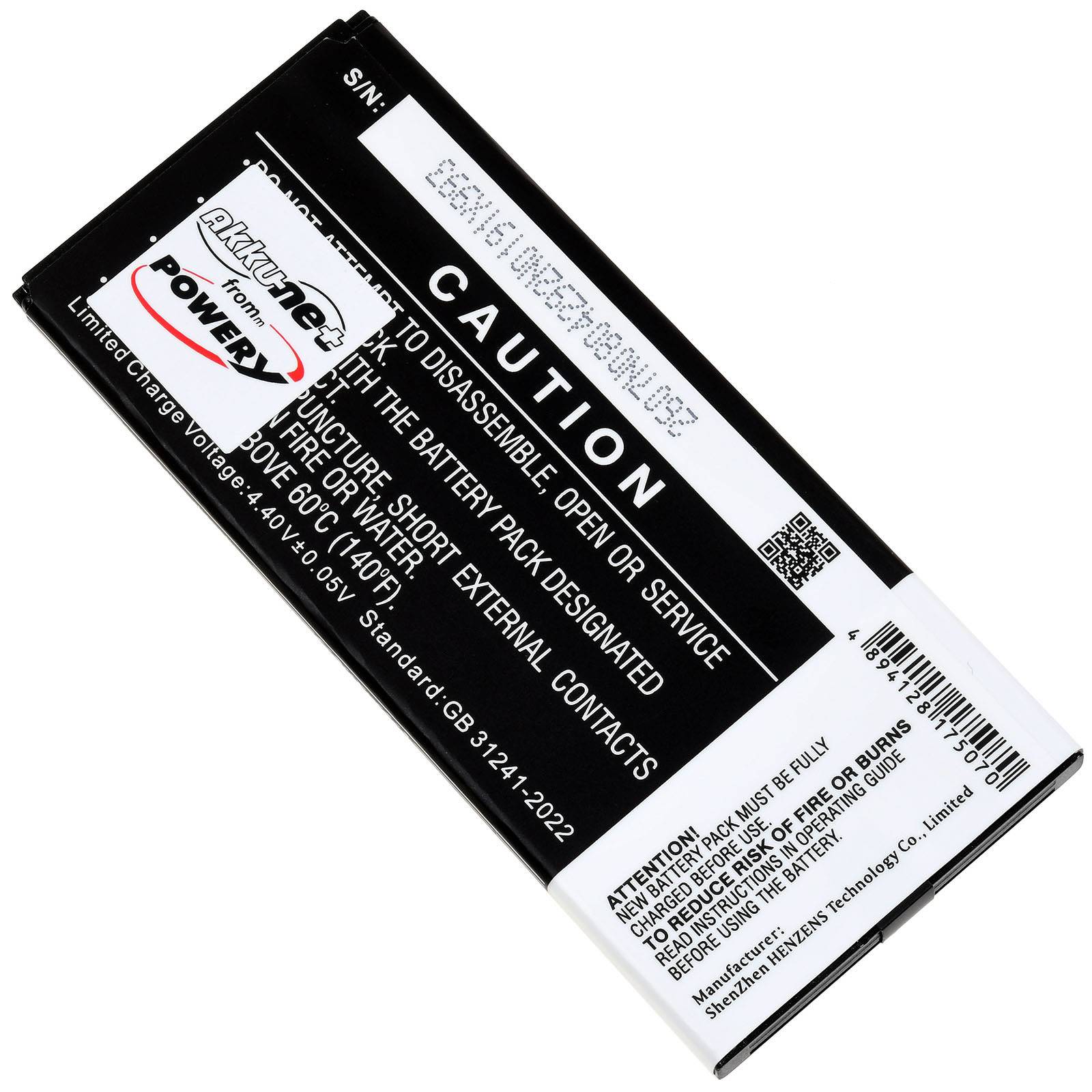Vorsichtskennzeichnung auf einem wiederaufladbaren Batteriepack mit Warnung vor dem Öffnen oder Zerlegen und mit QR- und Barcode-Codes.
