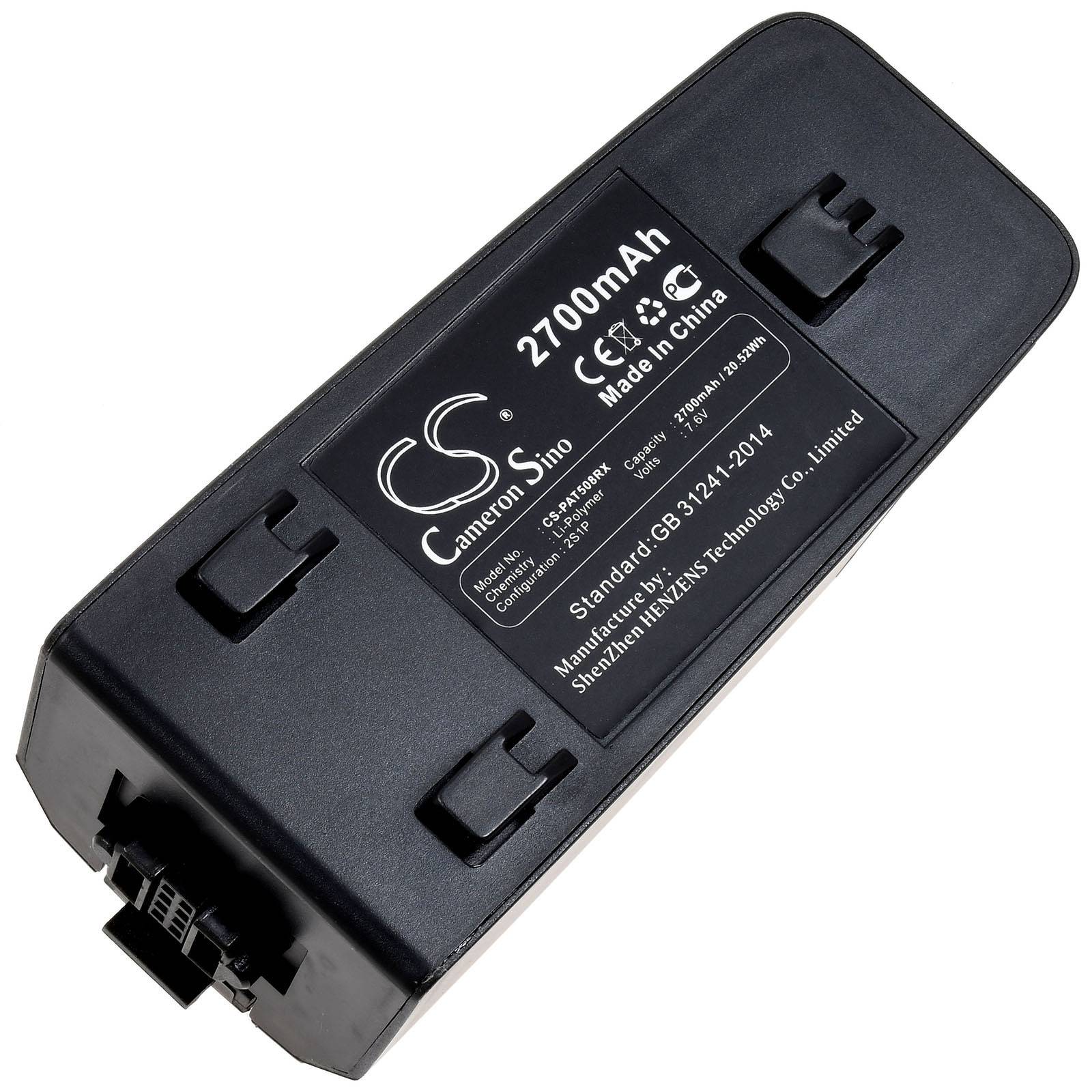 Schwarzer 2700mAh Cameron Sino wiederaufladbarer Batteriepack mit Stecker und Etikett, dargestellt auf weißem Hintergrund.