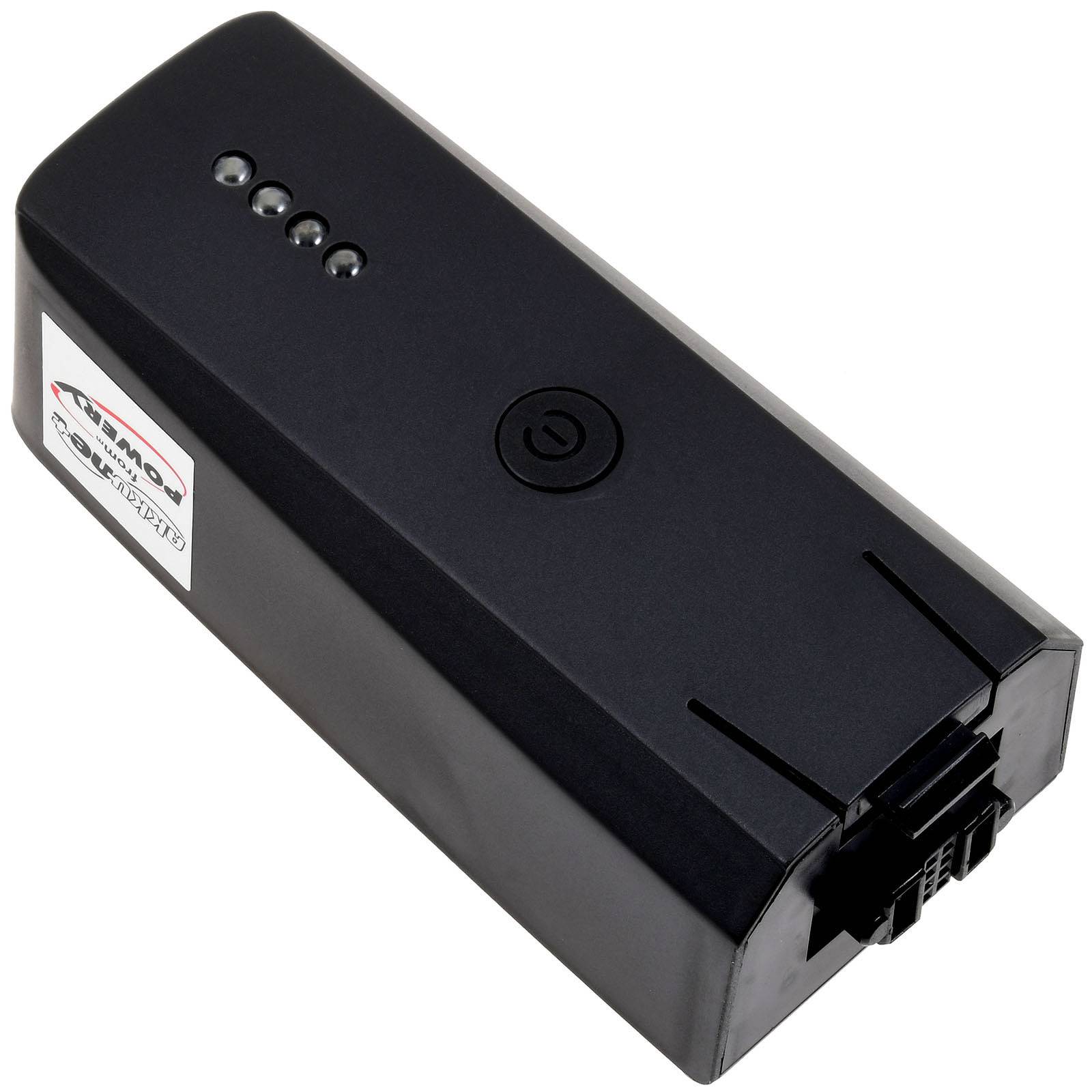 Schwarze rechteckige elektronische Batteriepak mit einem Stromknopf, vier Anzeigelichtern und einem Steckeranschluss an einem Ende.
