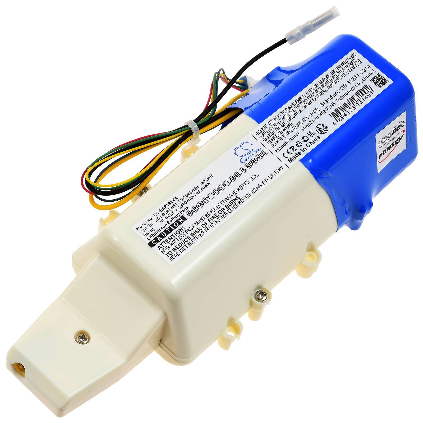 Blaues und weißes Ersatzbatteriepaket mit angebrachten mehrfarbigen Drähten und Stecker, isoliert auf weißem Hintergrund dargestellt.