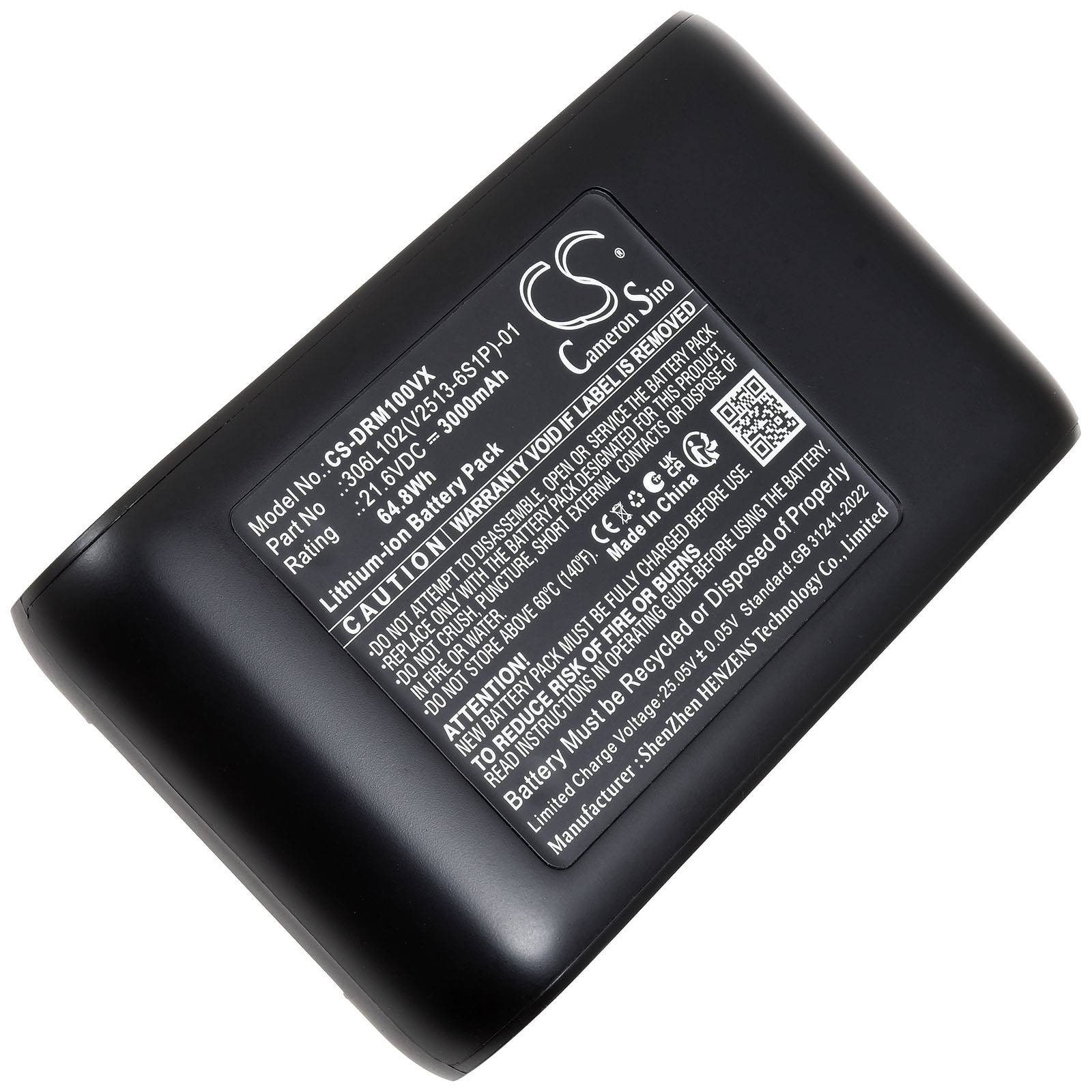 Schwarzes rechteckiges Lithium-Ionen-Akkupack mit einer Beschriftung, auf der Modell- und Spannungsdetails aufgelistet sind, auf weißem Hintergrund dargestellt.