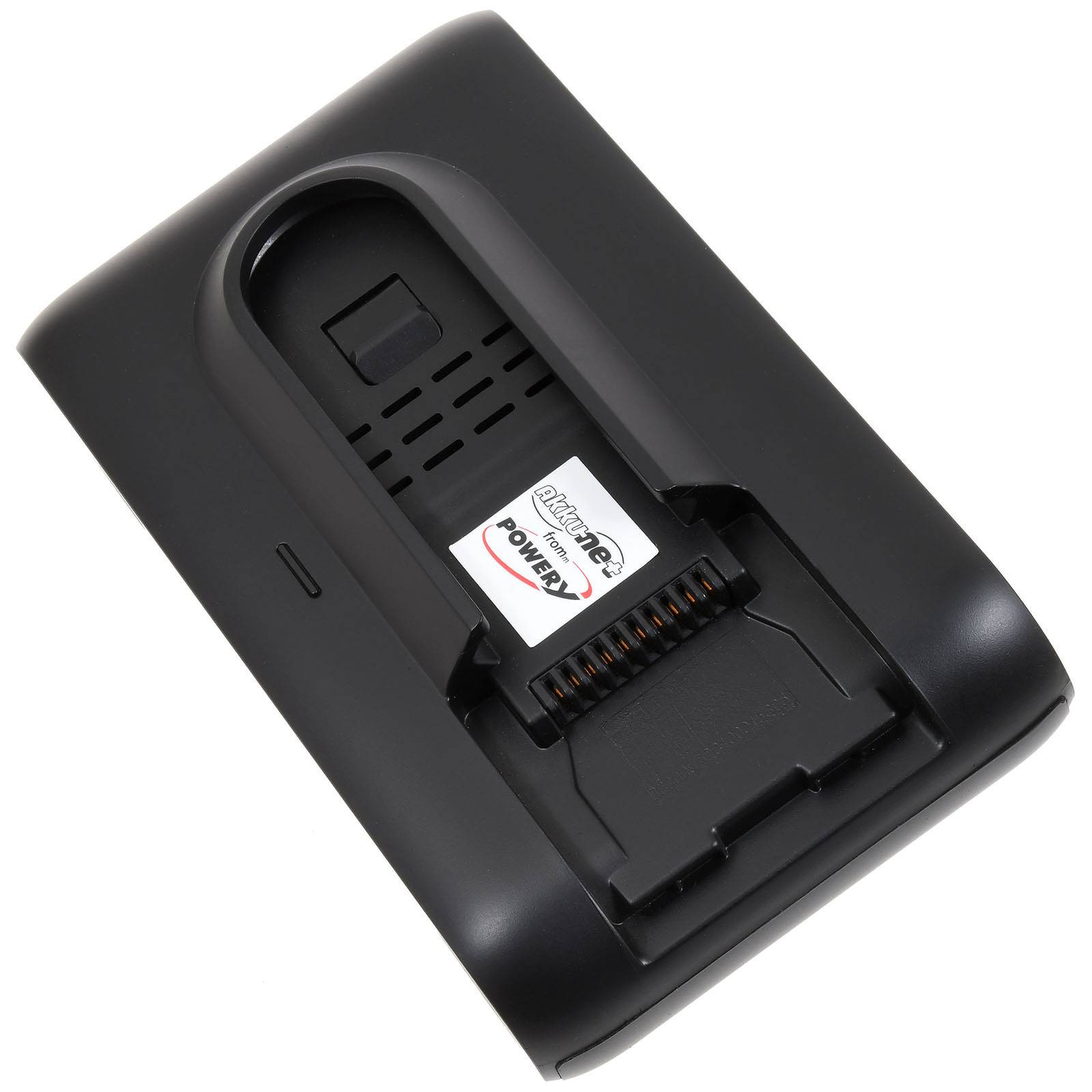 Rückansicht eines schwarzen tragbaren elektronischen Geräts, das ein Batteriefach mit einer Power-??? Batterie zeigt, die installiert ist.