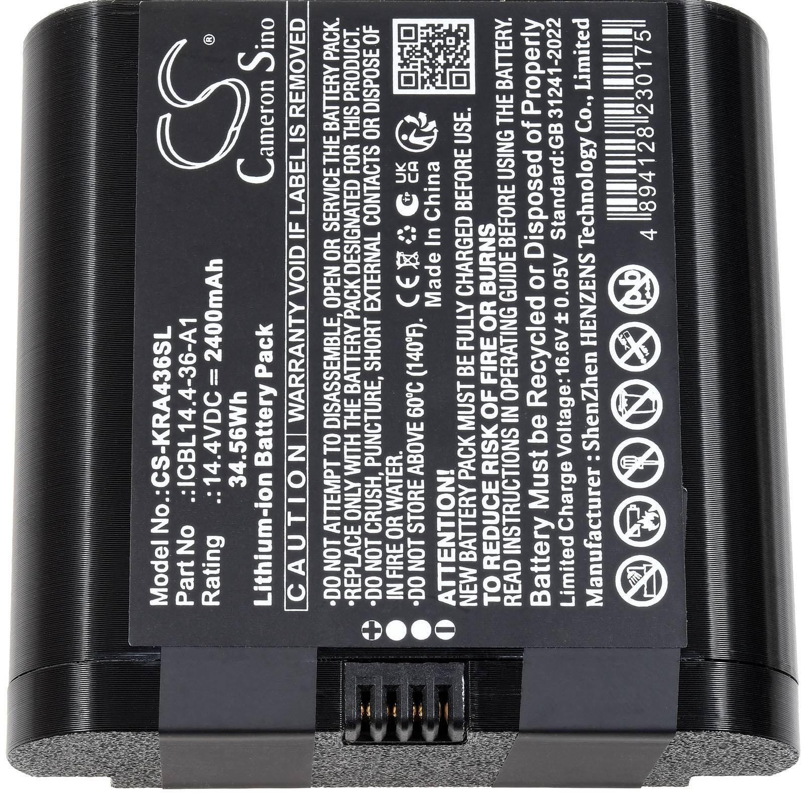 Schwarzes Cameron Sino Lithium-Ionen-Akkupack mit Etikett, das das Modell CS-KRA436SL, 14,4V 36,0Wh und Warnsymbole anzeigt.