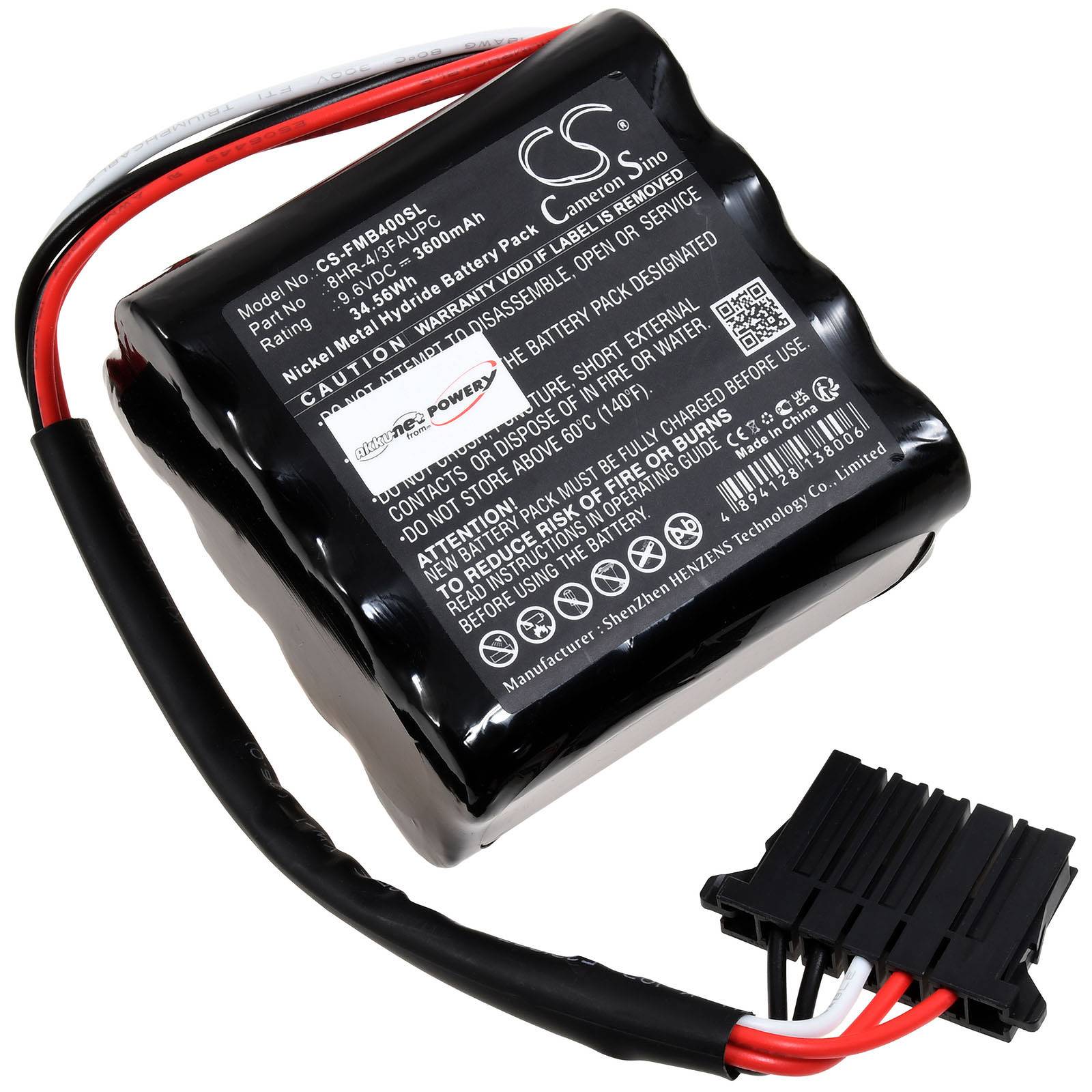 Schwarzes wiederaufladbares Batteriepaket mit angebrachten roten/schwarzen Drähten und Stecker, gekennzeichnet mit Spezifikationen und Sicherheitswarnungen.