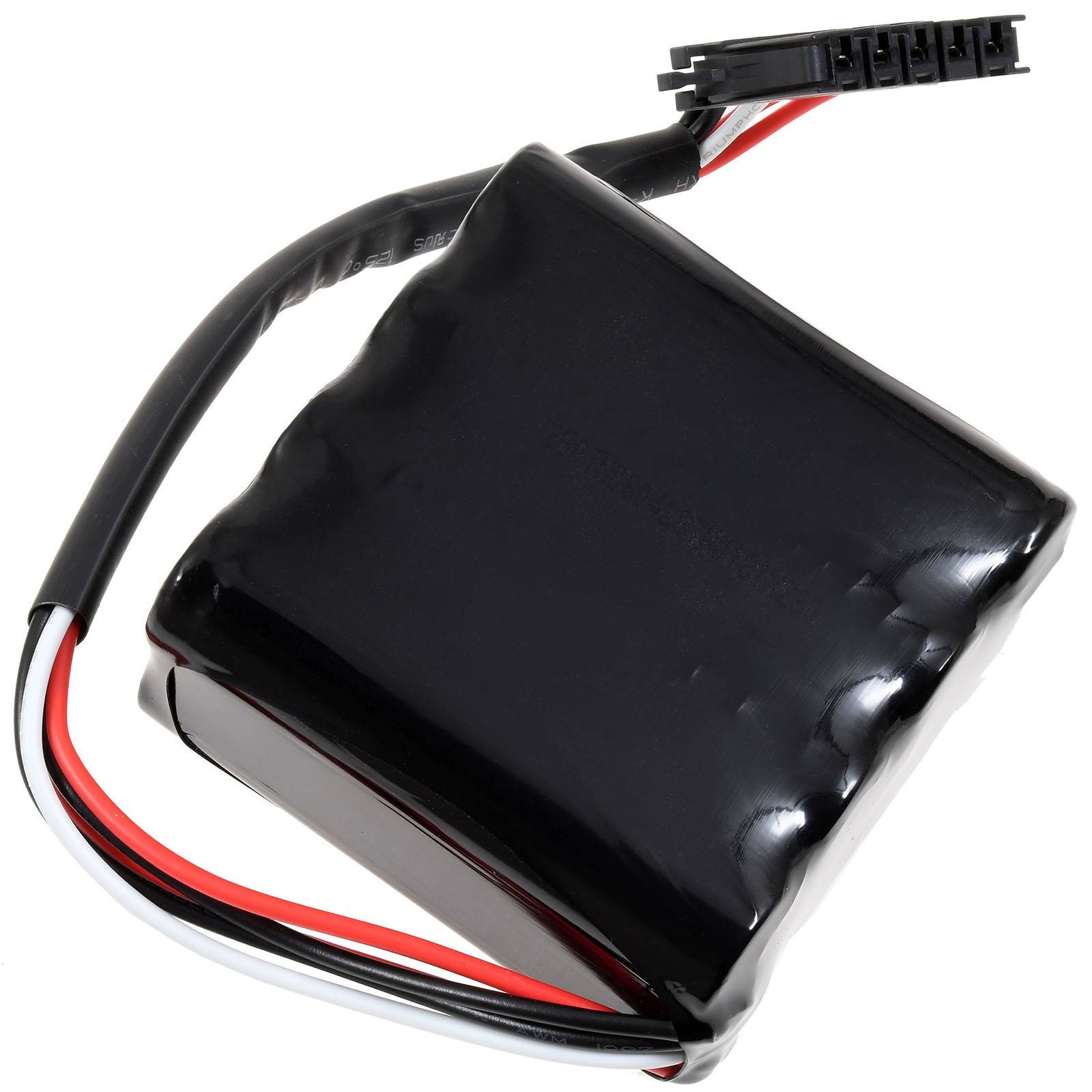 Schwarzes, in Schrumpffolie eingewickeltes Batteriepaket mit angebrachten roten, schwarzen und weißen Drähten und einem Steckverbinder auf weißem Hintergrund.