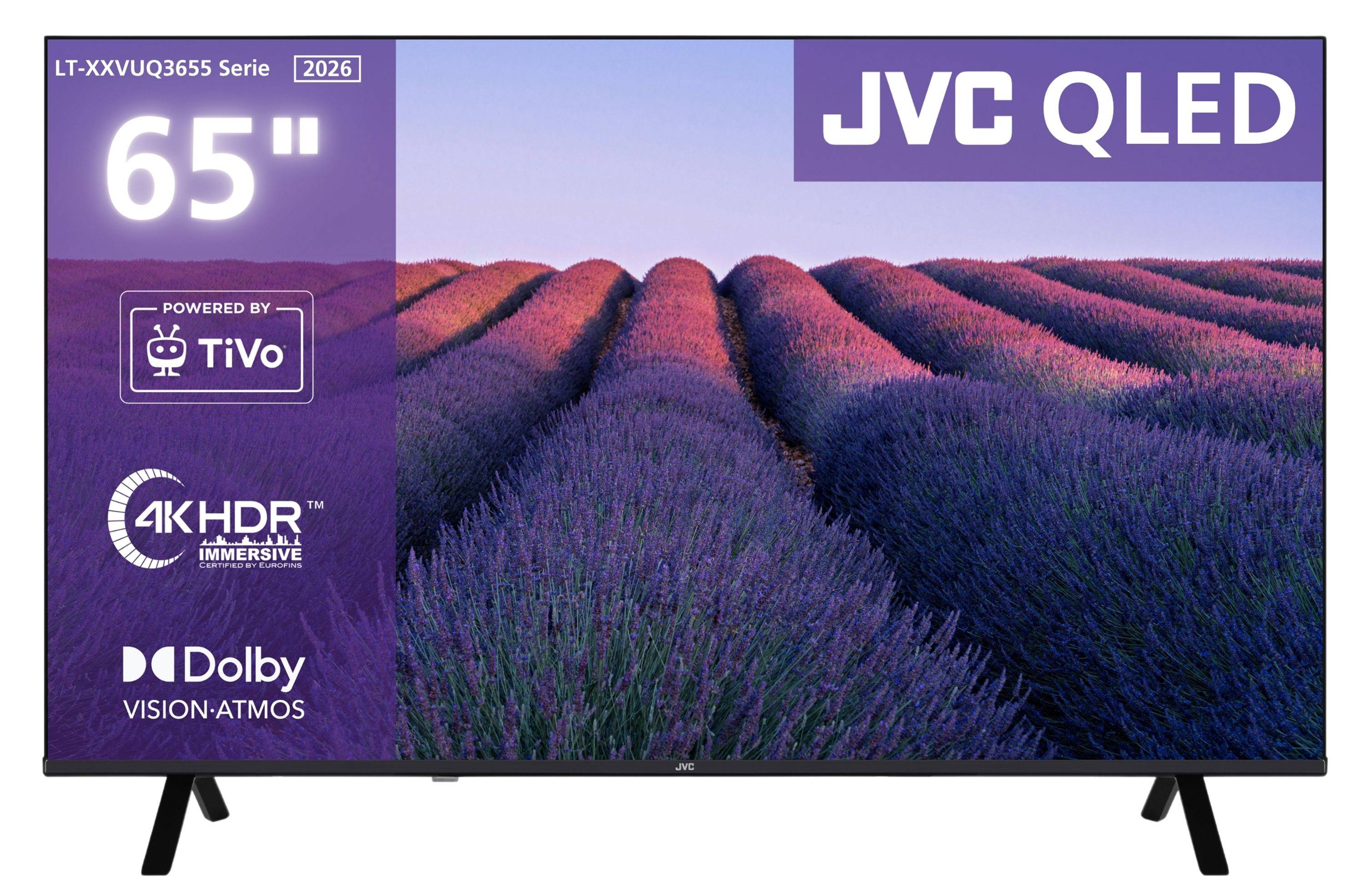 JVC 65-Zoll QLED-Fernseher mit einer Lavendelfeld-Abbildung, mit 4K HDR, TiVo und Dolby Vision Atmos Logos.