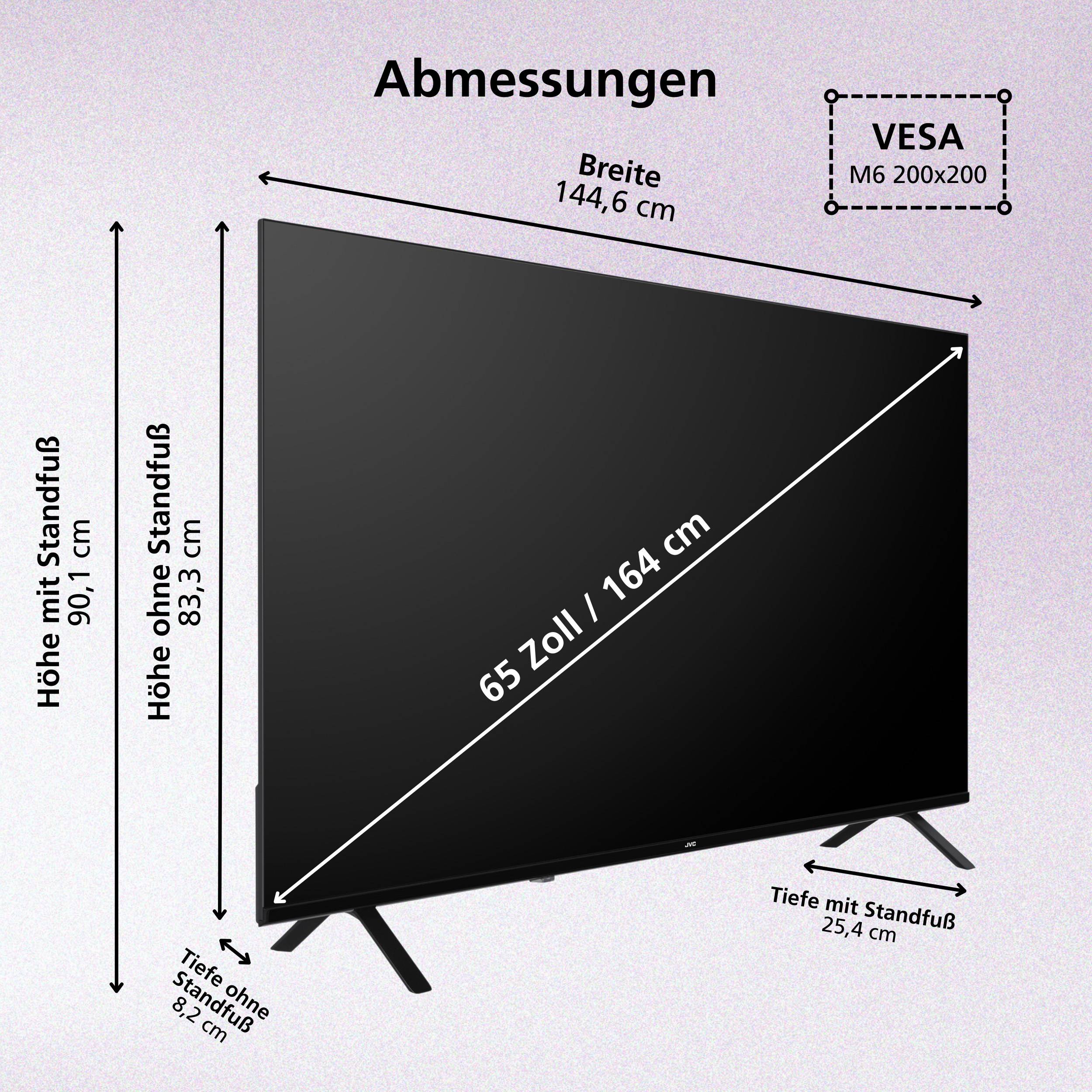 Diagramm eines 65-Zoll-Fernsehers mit Abmessungen: Breite 144,6 cm, Höhe 83,3 cm ohne Ständer und 90,1 cm mit Ständer, Tiefe 8,2 cm ohne Ständer, 25,4 cm mit Ständer, VESA M6 200x200.