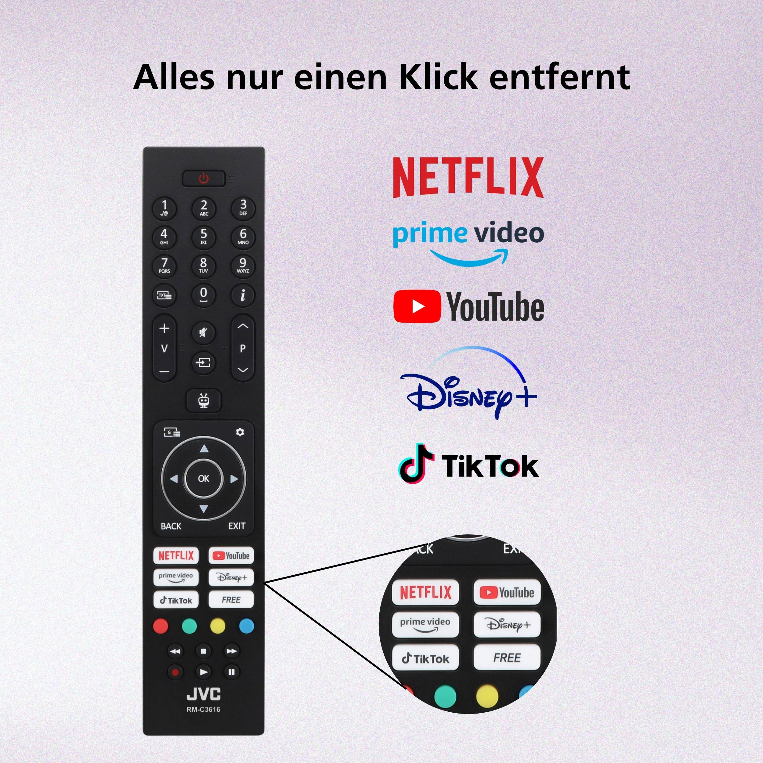 Fernbedienung mit App-Schnellstart-Tasten für Netflix, Prime Video, YouTube, Disney+ und TikTok; die Überschrift lautet „Alles nur einen Klick entfernt" („Alles nur einen Klick entfernt"").