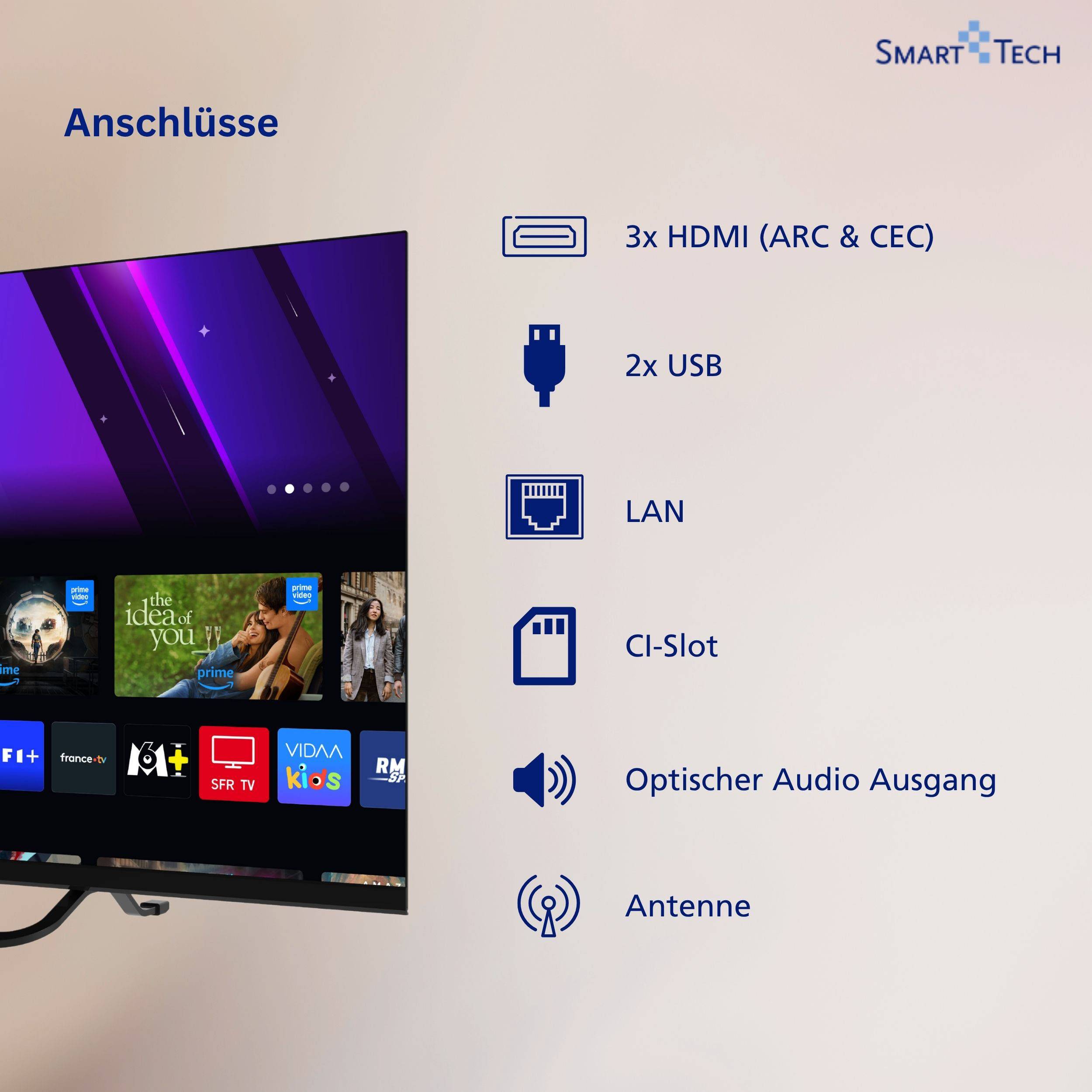 Smart Tech 32QV02V QLED Fernseher 40 Zoll Smart TV VIDAA HD ready Auflösung und Triple-Tuner (2026)