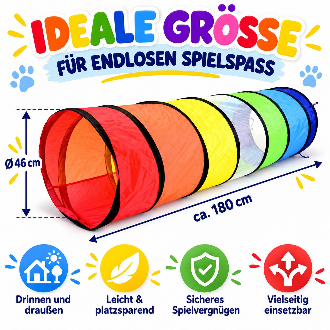 KnorrToys Regenbogen Kindertunnel Spieltunnel Krabbeltunnel Mehrfarbig Spielzeug 180 cm für Drinnen und Draußen