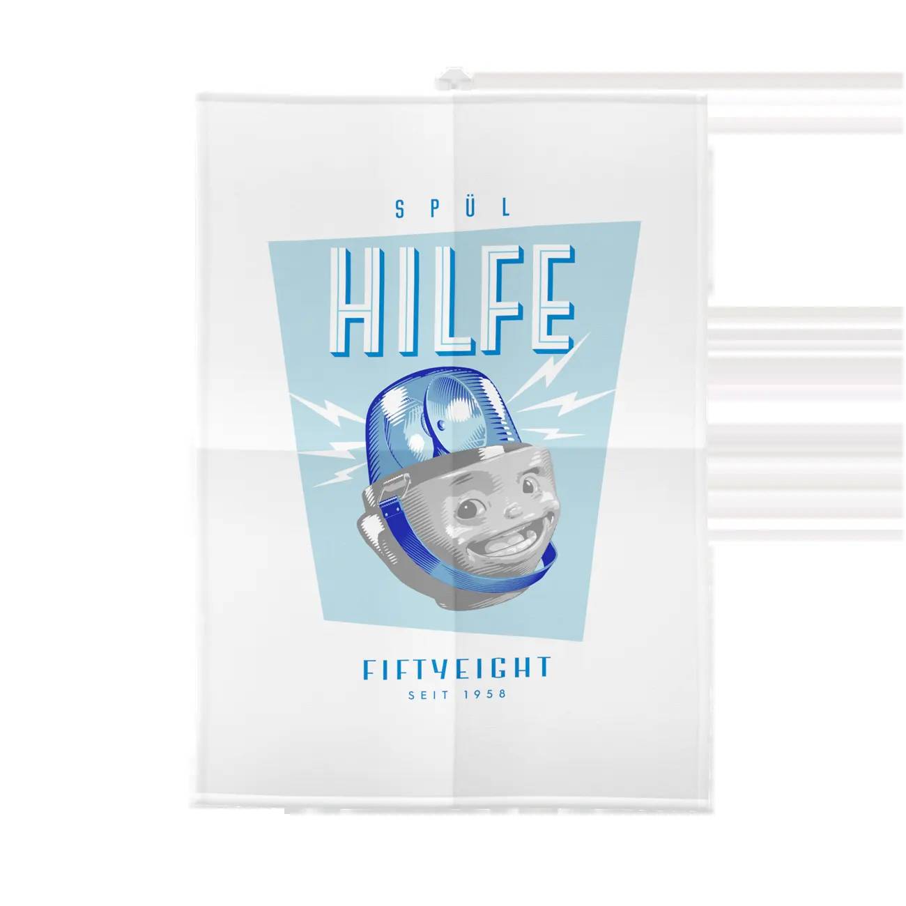 Weiße Tragetasche mit blauem Grafik und Text „SPÜL HILFE