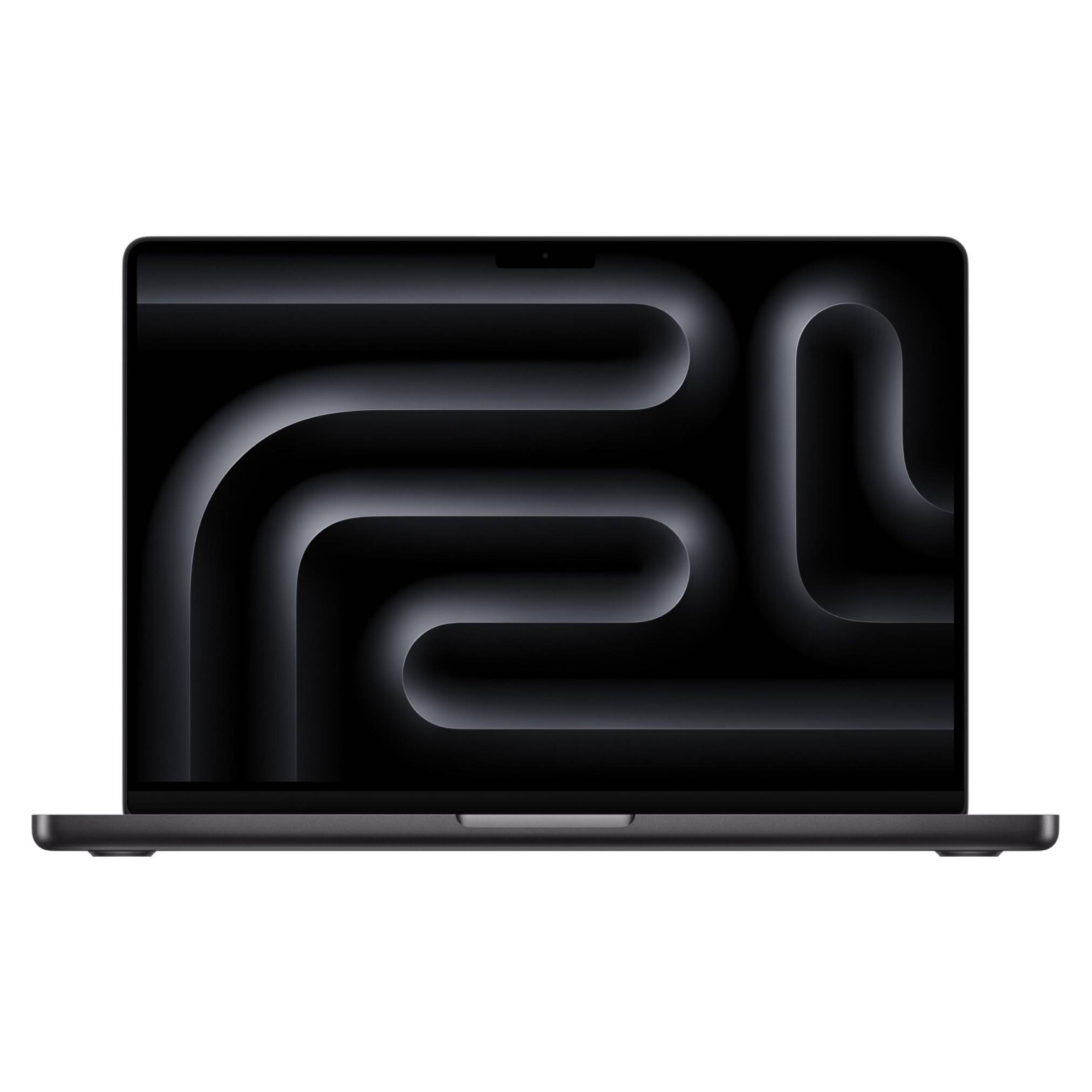 Vorderansicht eines geschlossenen schwarzen Laptops mit einem dunklen abstrakten leuchtenden Linienmuster auf dem Bildschirm und dem Deckel.
