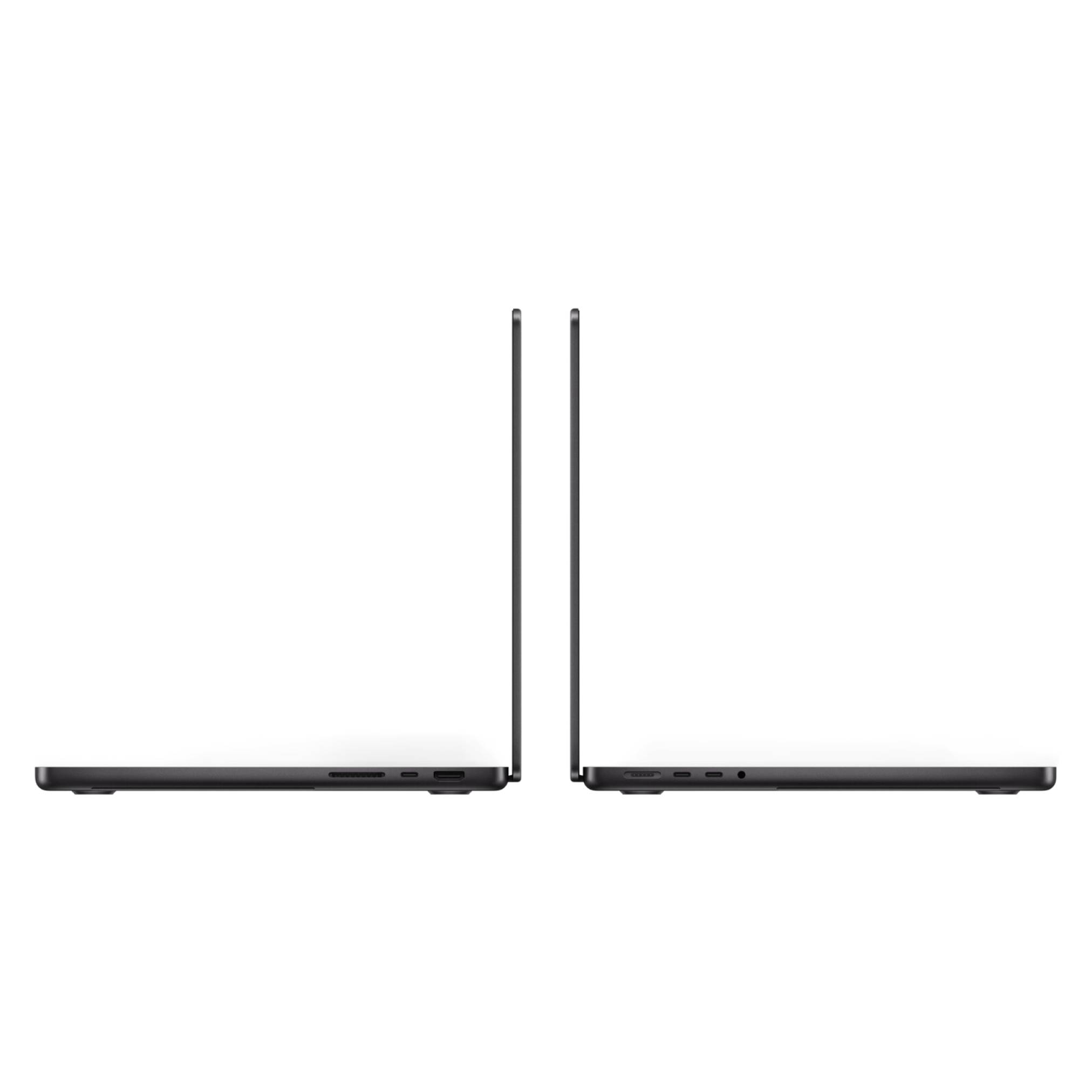 Zwei dünne Laptops in Seitenansicht geöffnet, die das schlanke Design der Geräte und die Anschlüsse an den Kanten zeigen.