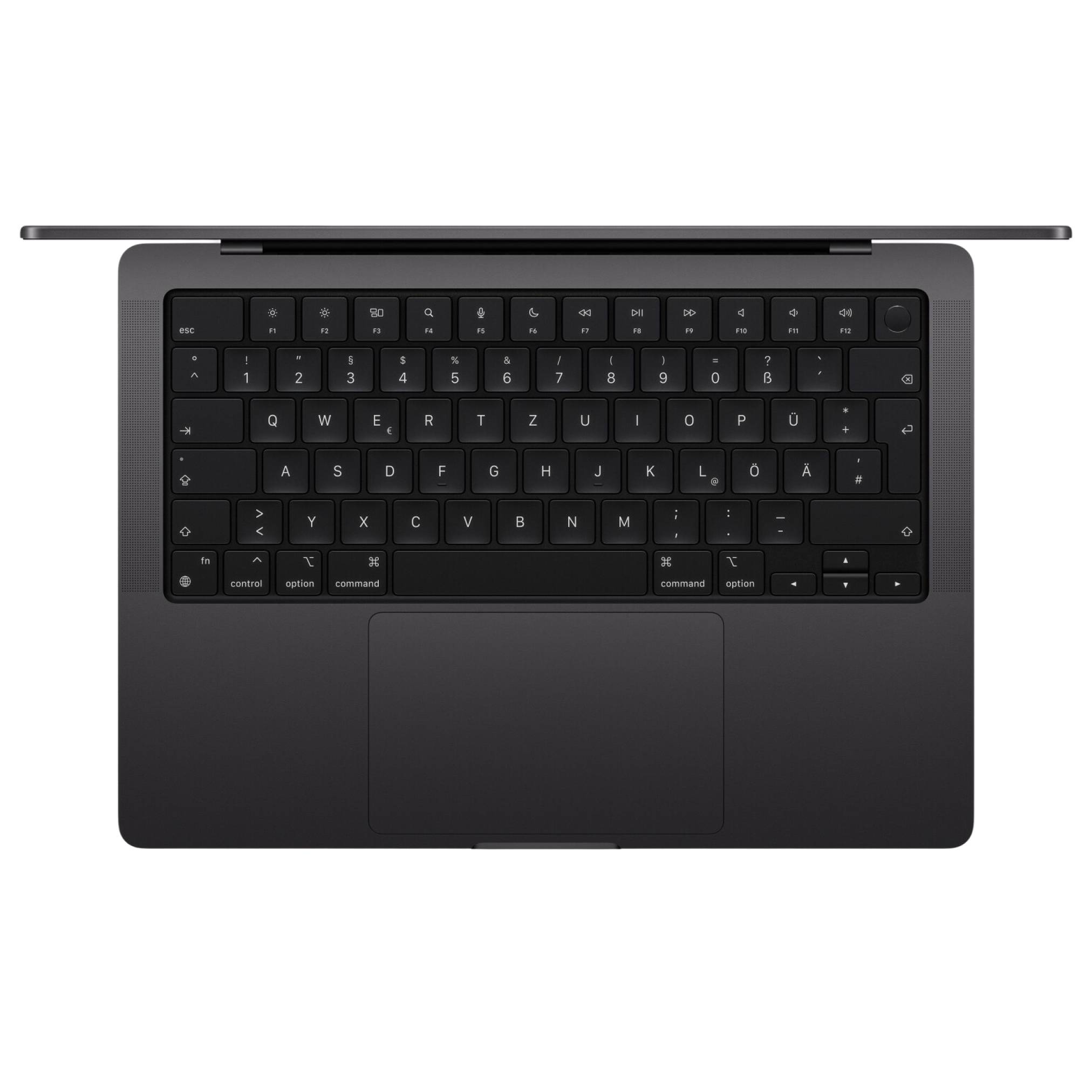Draufsicht auf einen schlanken, dunklen Laptop mit Tastatur und großem Trackpad, teilweise aufgeklappt auf weißem Hintergrund.