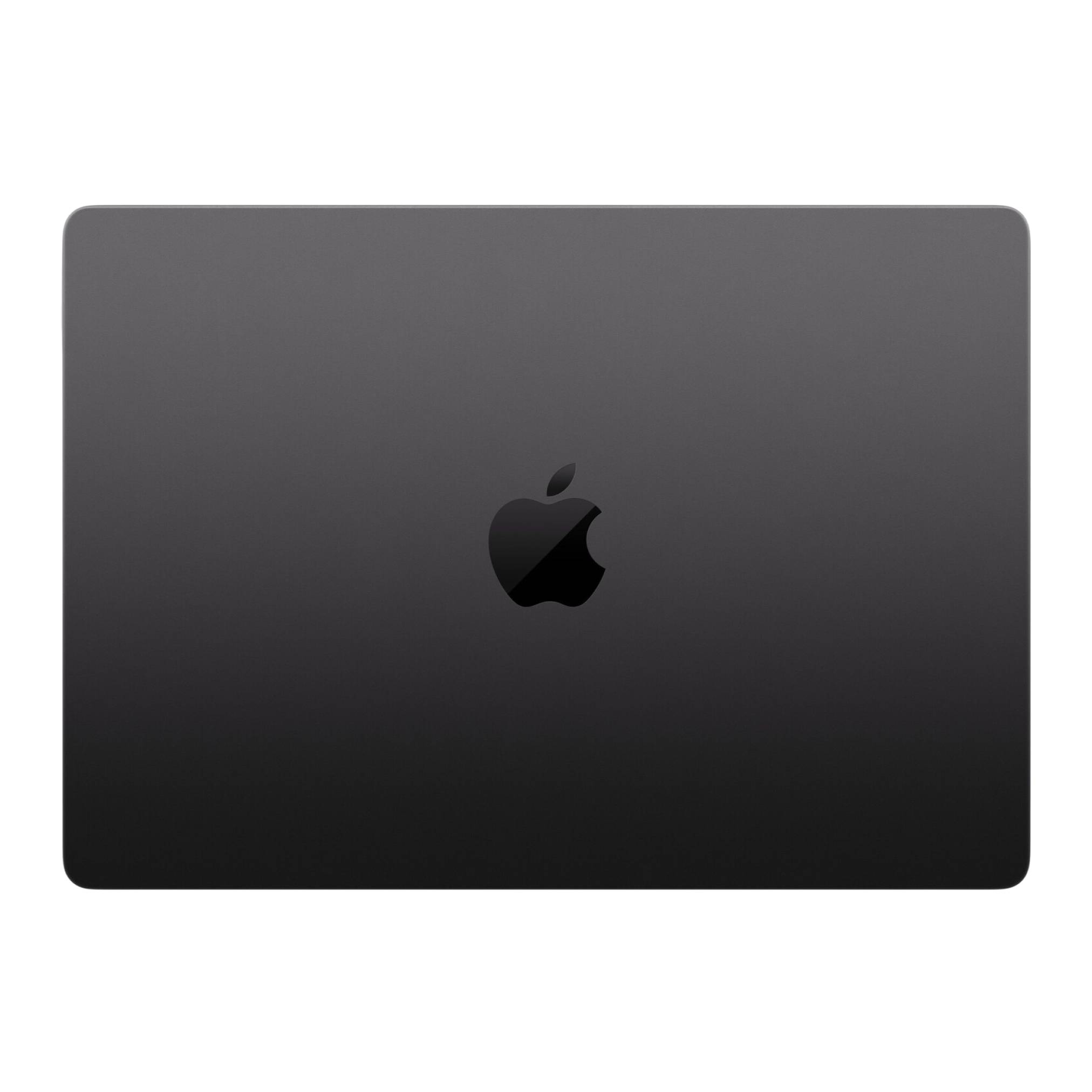 Geschlossenes dunkelgraues Apple-Laptop von hinten gezeigt mit zentriertem schwarzem Apple-Logo auf weißem Hintergrund.