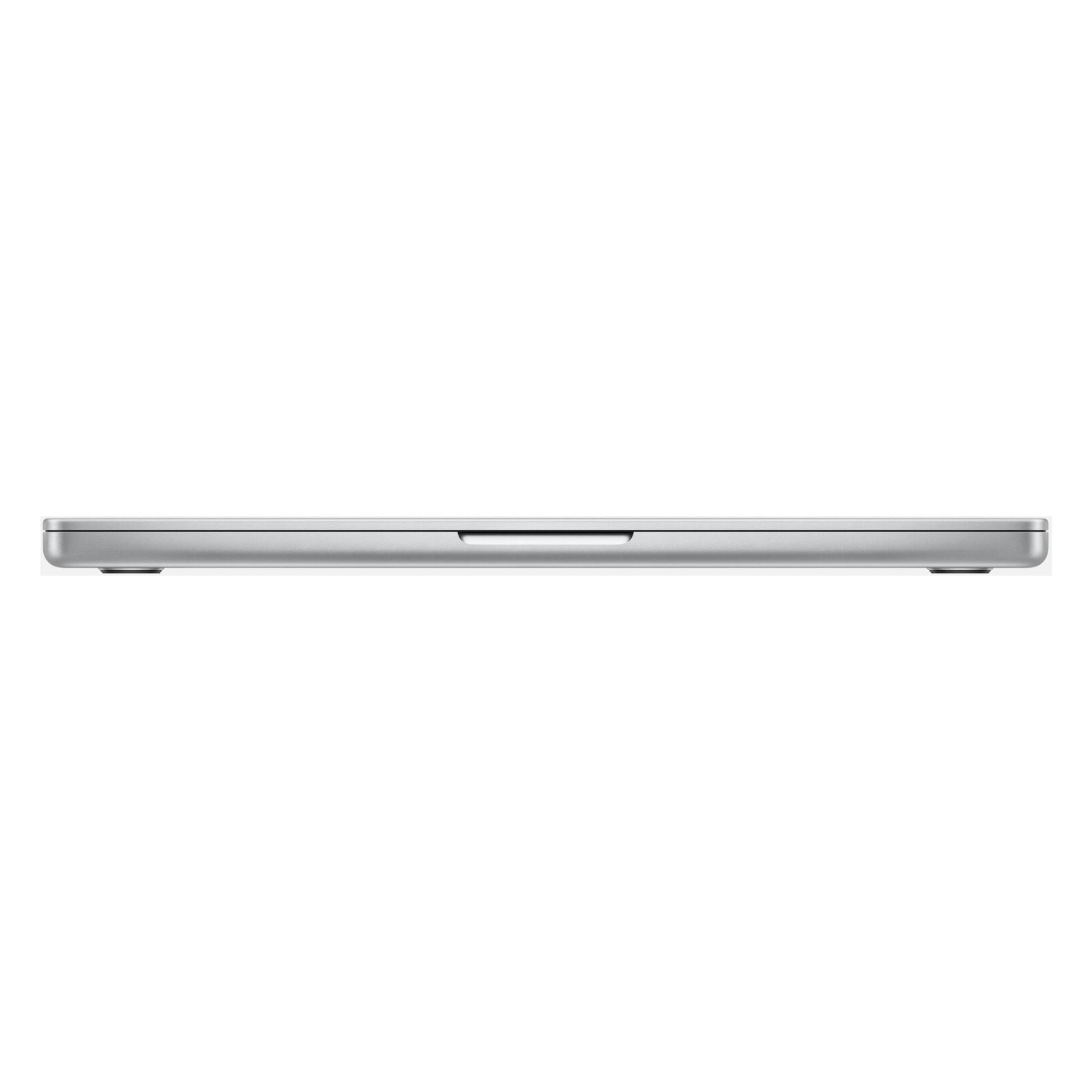 Seitenansicht eines geschlossenen silbernen Laptops auf weißem Hintergrund, die sein dünnes Profil und die zentrierte vordere Kerbe zeigt.