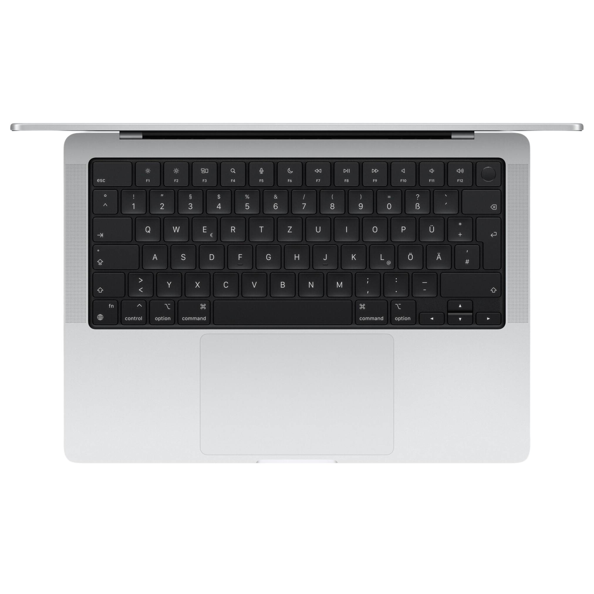 Draufsicht auf einen silbernen Laptop mit schwarzer Tastatur und großem Trackpad, geschlossen oder fast geschlossen vor weißem Hintergrund dargestellt.