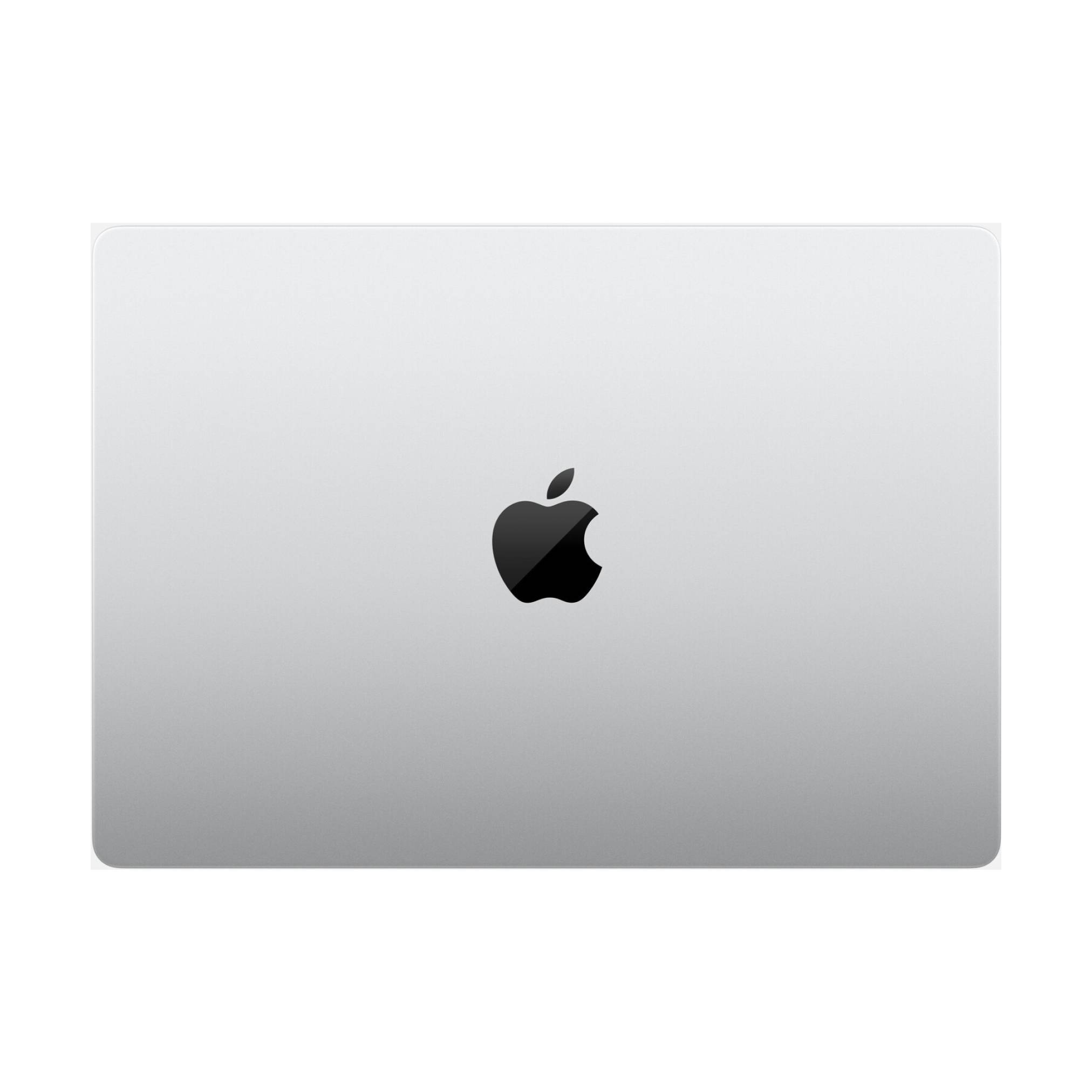 Silberner Apple-Laptop mit zentriertem schwarzem Apple-Logo auf einfachem weißem Hintergrund.