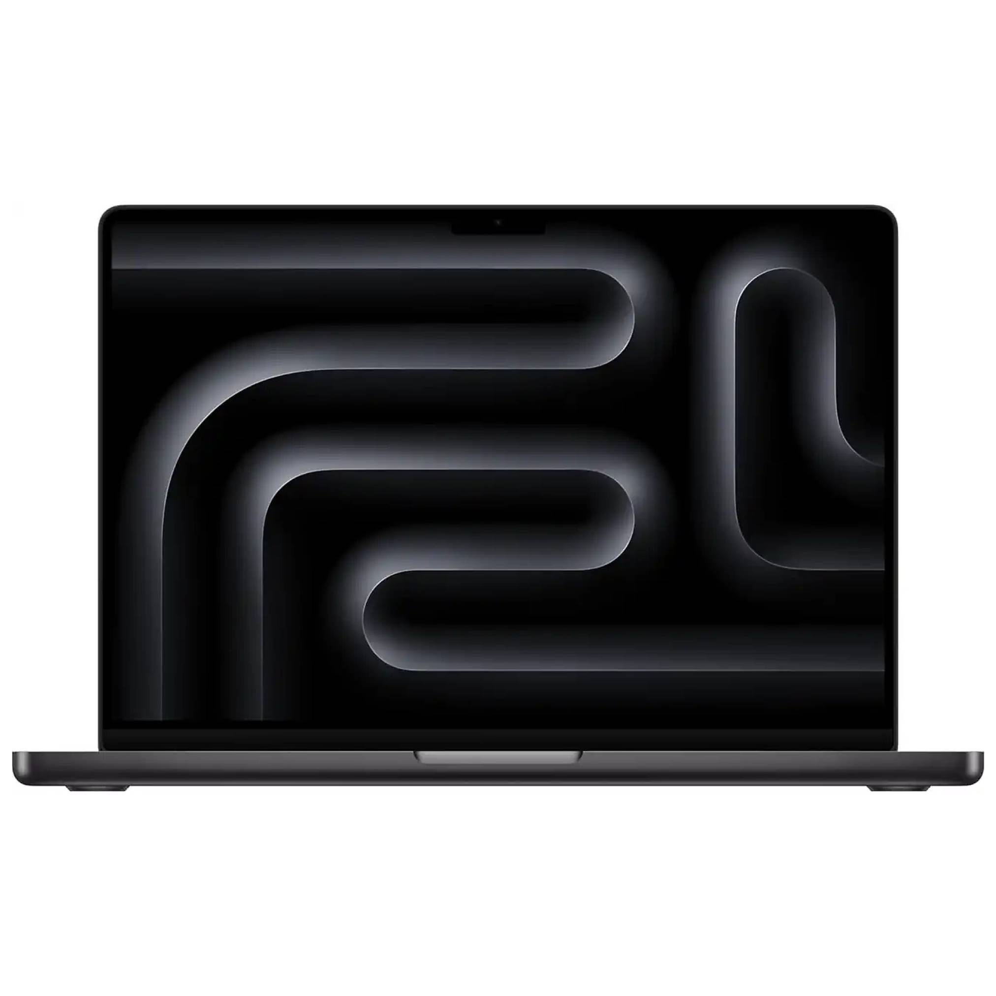 Schwarzer Laptop Vorderansicht mit abstraktem dunklem labyrinthähnlichem Hintergrundbild auf dem Bildschirm