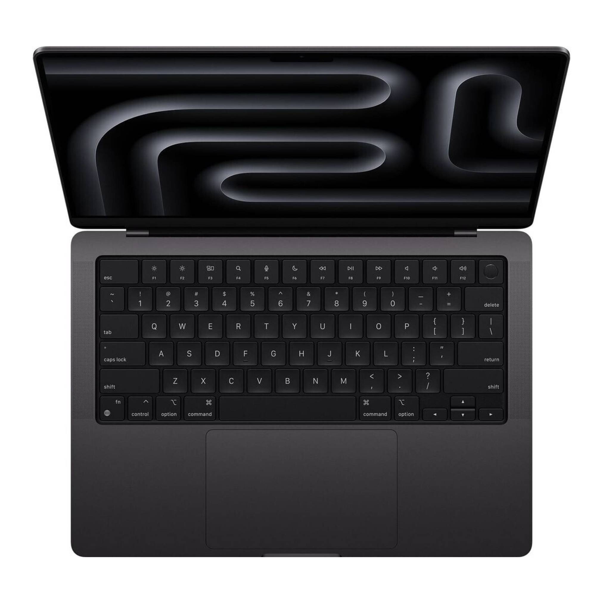 Draufsicht auf einen schwarzen Laptop mit einem dunklen abstrakten Muster auf dem offenen Bildschirm und einer vollständigen Tastatur mit Trackpad.