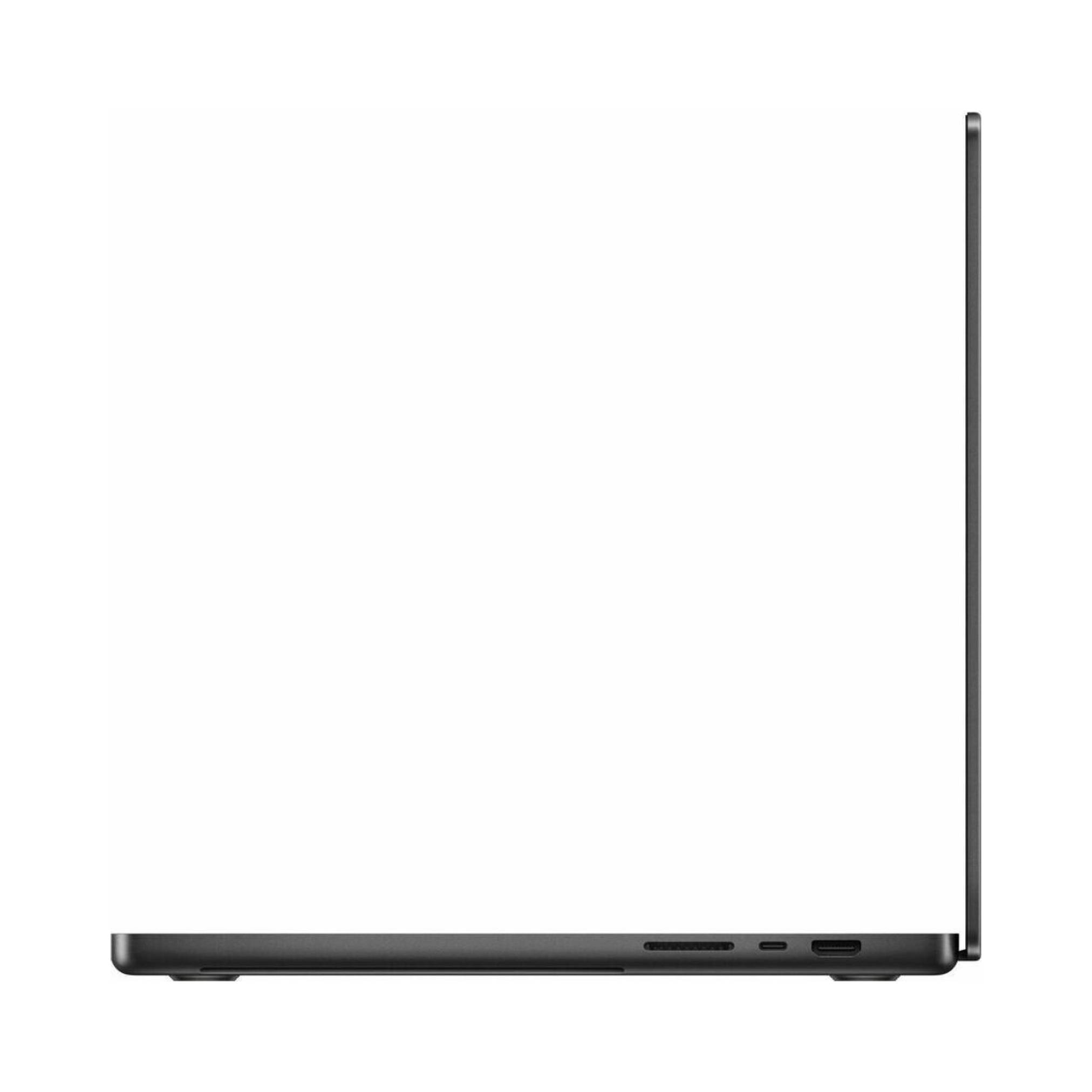Seitenansicht eines geschlossenen schwarzen Laptops, das sein dünnes Profil und das Scharnier auf weißem Hintergrund zeigt.