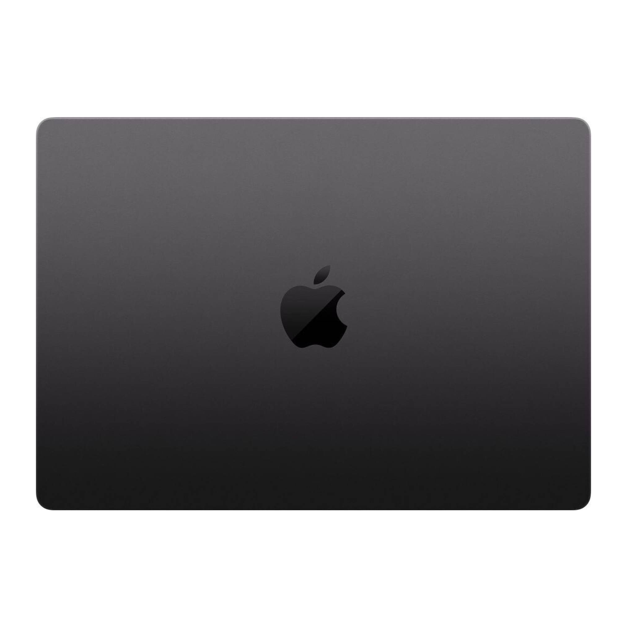 Geschlossenes schwarzes Apple-Laptop von hinten betrachtet, zentriertes Apple-Logo auf weißem Hintergrund.