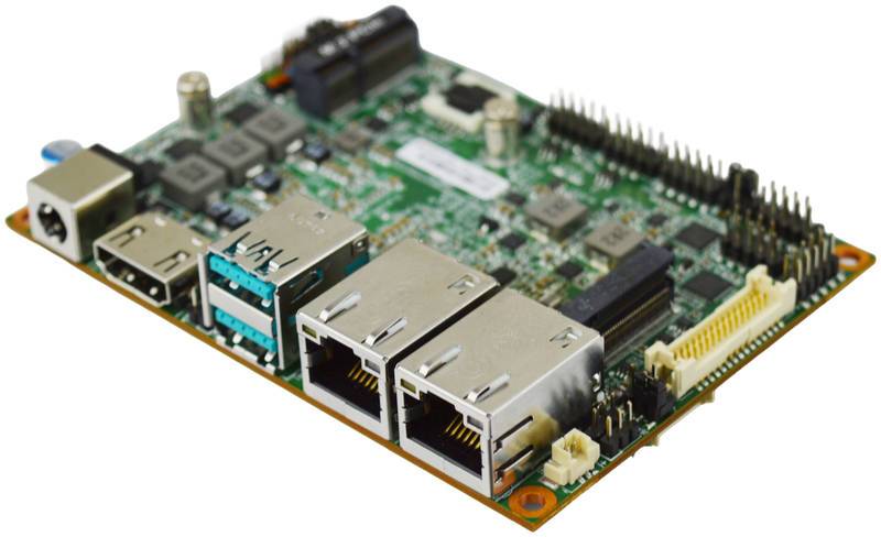 Foto eines kleinen Single-Board-Computers mit Ethernet, USB und GPIO-Pin-Headern auf einer grünen Leiterplatte.