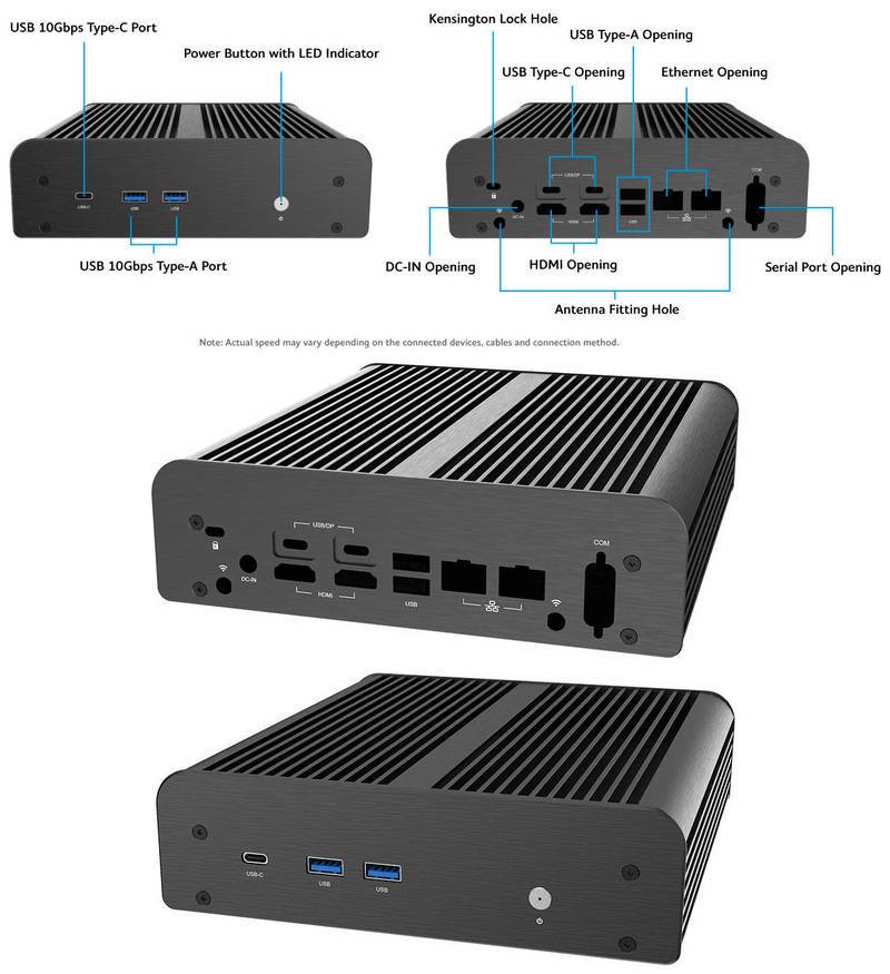 Kommentierte Ansichten eines kompakten schwarzen Mini-PC-Gehäuses, das vordere und rückwärtige Anschlüsse zeigt: USB-C, USB-A, HDMI, Ethernet, seriell, Stromversorgung und Schlossloch.