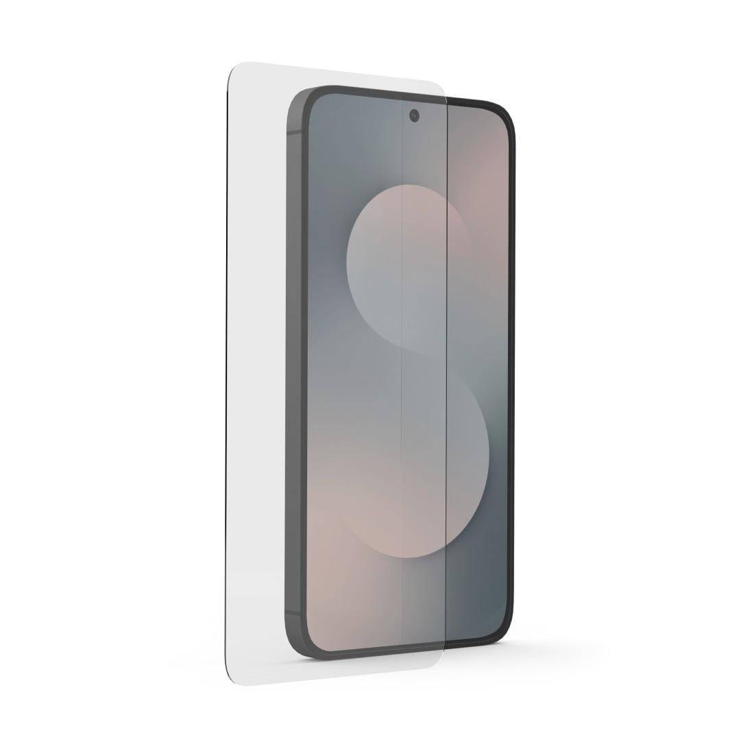 Smartphone-Vorderansicht mit einer durchsichtigen Schutzfolie, die teilweise abgelöst ist und das Display sowie das Kameraloch zeigt.