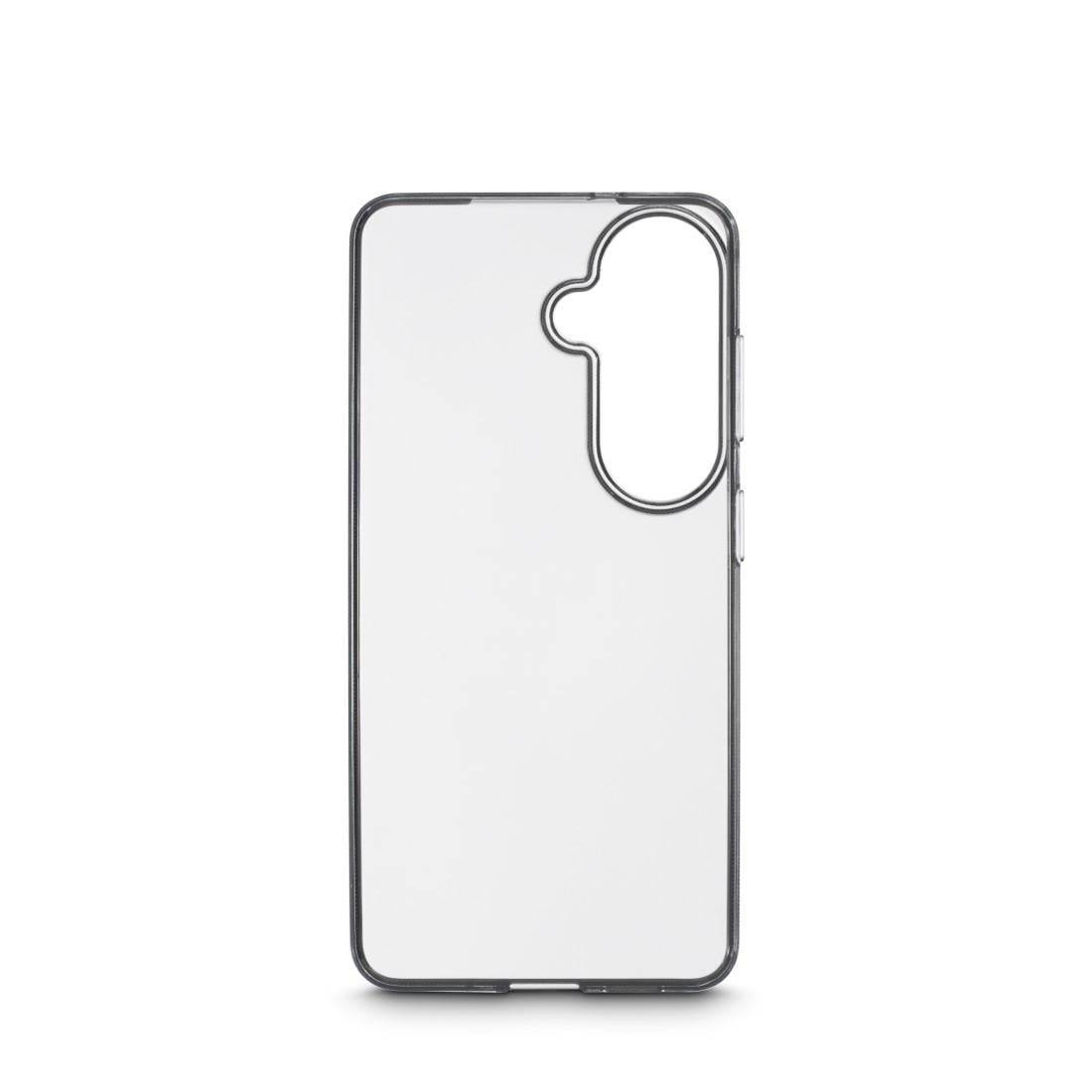 Durchsichtiges Smartphone-Etui mit großem hinterem Kameraausschnitt, von vorne auf weißem Hintergrund dargestellt.