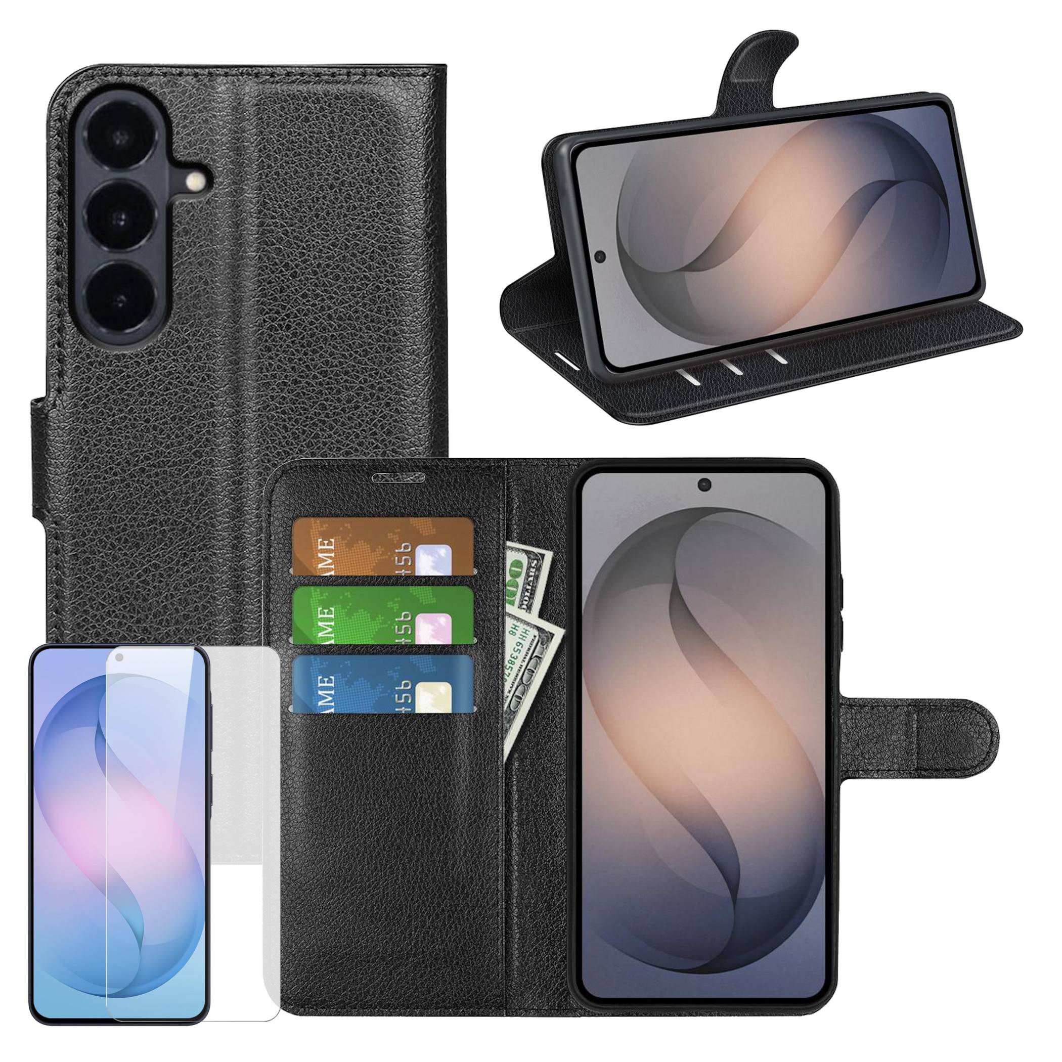 Schwarze Leder-Handyhülle mit Kartenfächern, Geldfach, Ständer und Riemen, gezeigt von vorne, hinten und aufgeklappt mit eingesetztem Telefon.